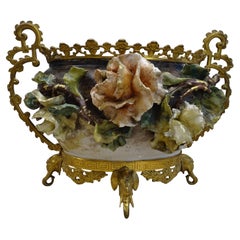 ArtNouveau French Floral Centerpiece , planter Mayolique , roses , ormolu