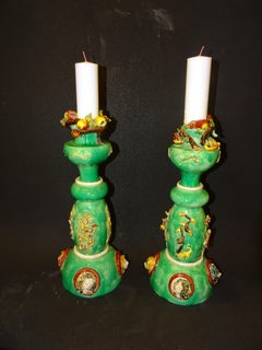 Artnouveau French Green Candle Holders, Candlesticks, Ceramic