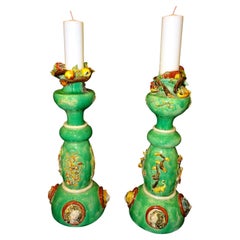 Artnouveau French Green Candle Holders, Candlesticks, Ceramic