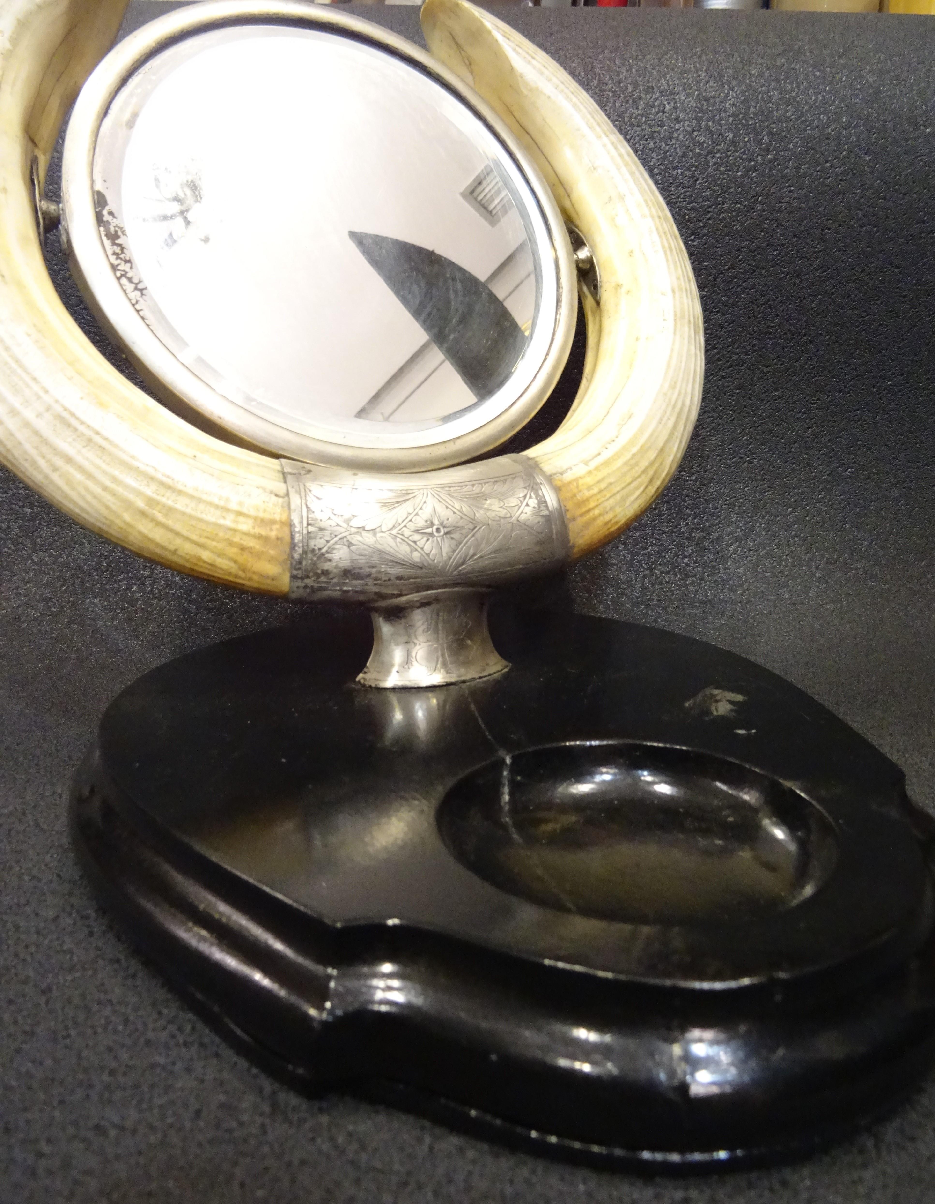 Artnouveau French Vanity Mirror Hippo Horns, Silver Ebonized Wood Tilting Mirror 11