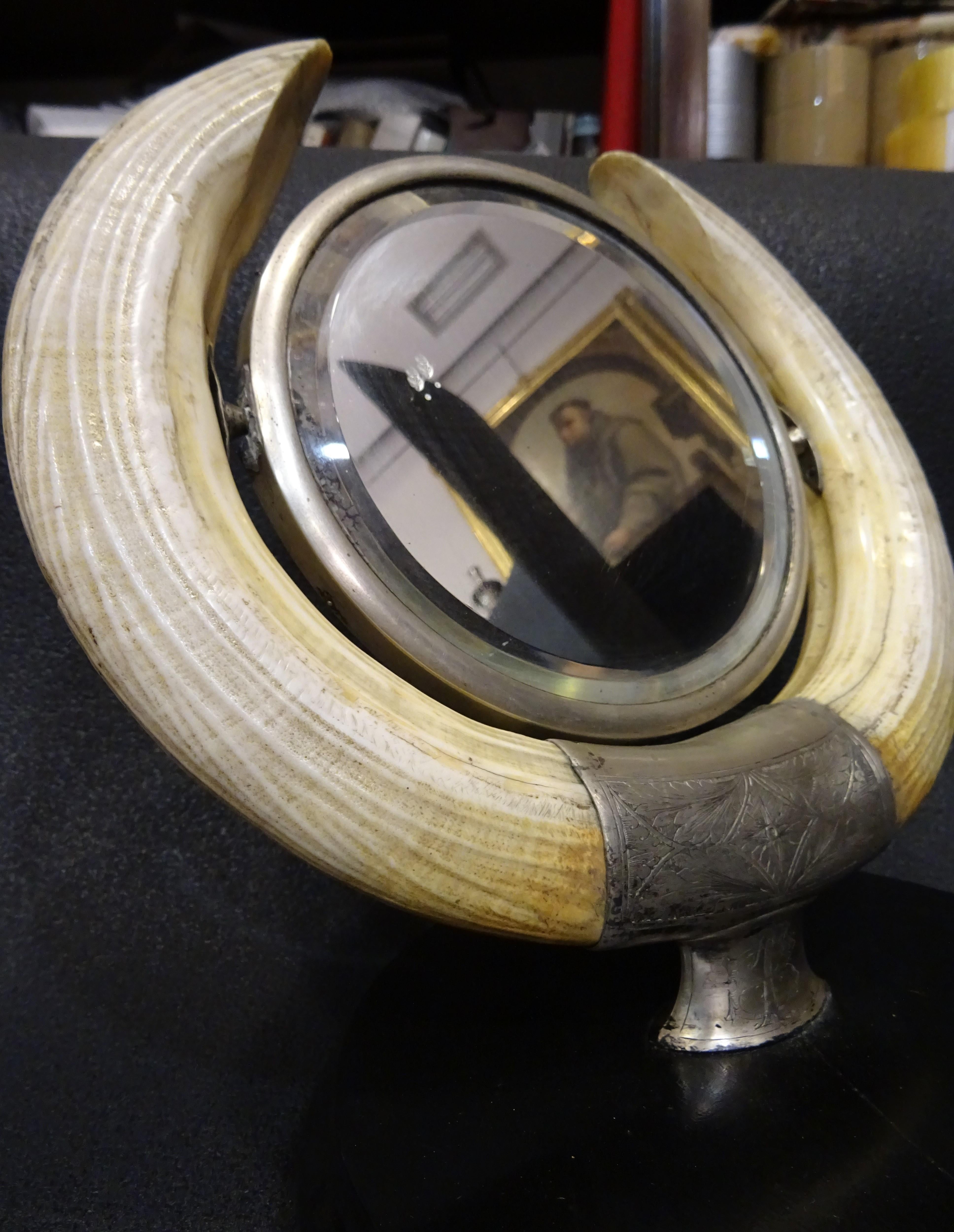Art Nouveau Artnouveau French Vanity Mirror Hippo Horns, Silver Ebonized Wood Tilting Mirror
