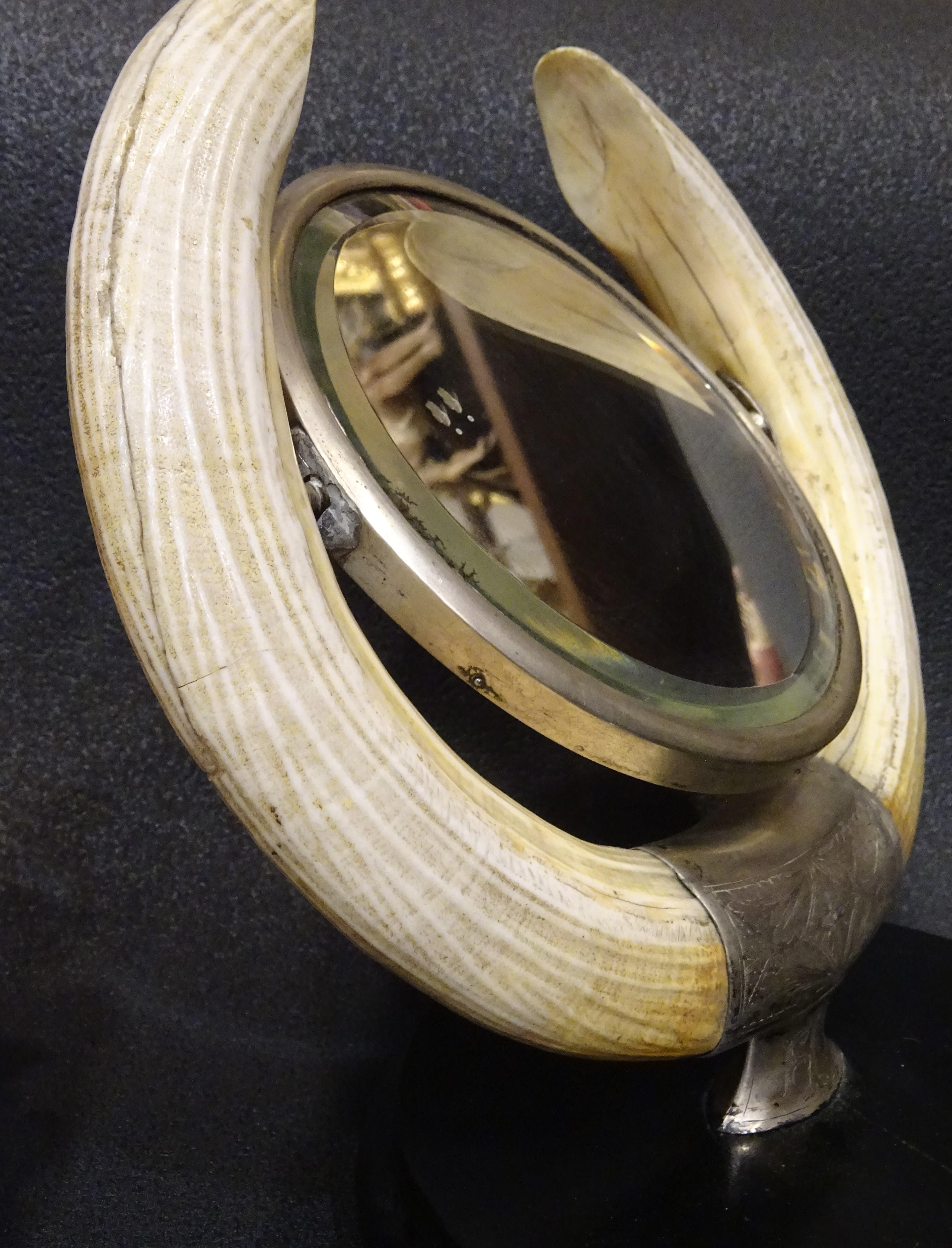 Artnouveau French Vanity Mirror Hippo Horns, Silver Ebonized Wood Tilting Mirror 2