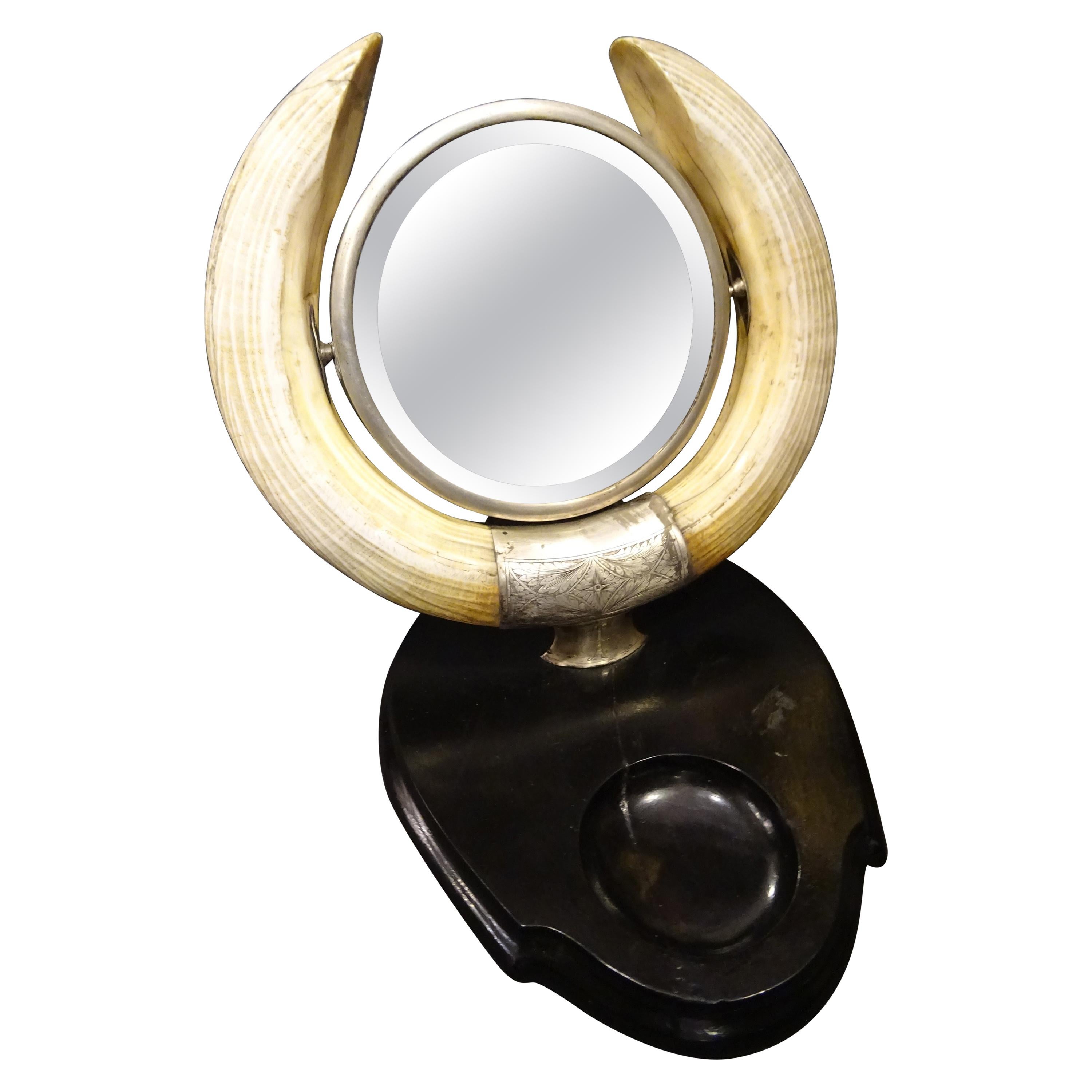 Artnouveau French Vanity Mirror Hippo Horns, Silver Ebonized Wood Tilting Mirror