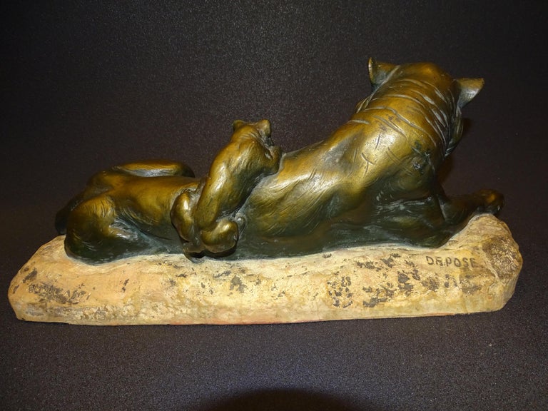 Art Nouveau Italian Scupture Terracotta, Lioness with Her Lions, A Amorgasti For Sale 13