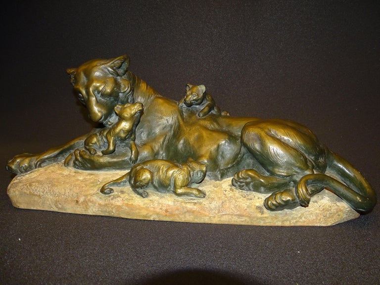 Hand-Carved Art Nouveau Italian Scupture Terracotta, Lioness with Her Lions, A Amorgasti For Sale