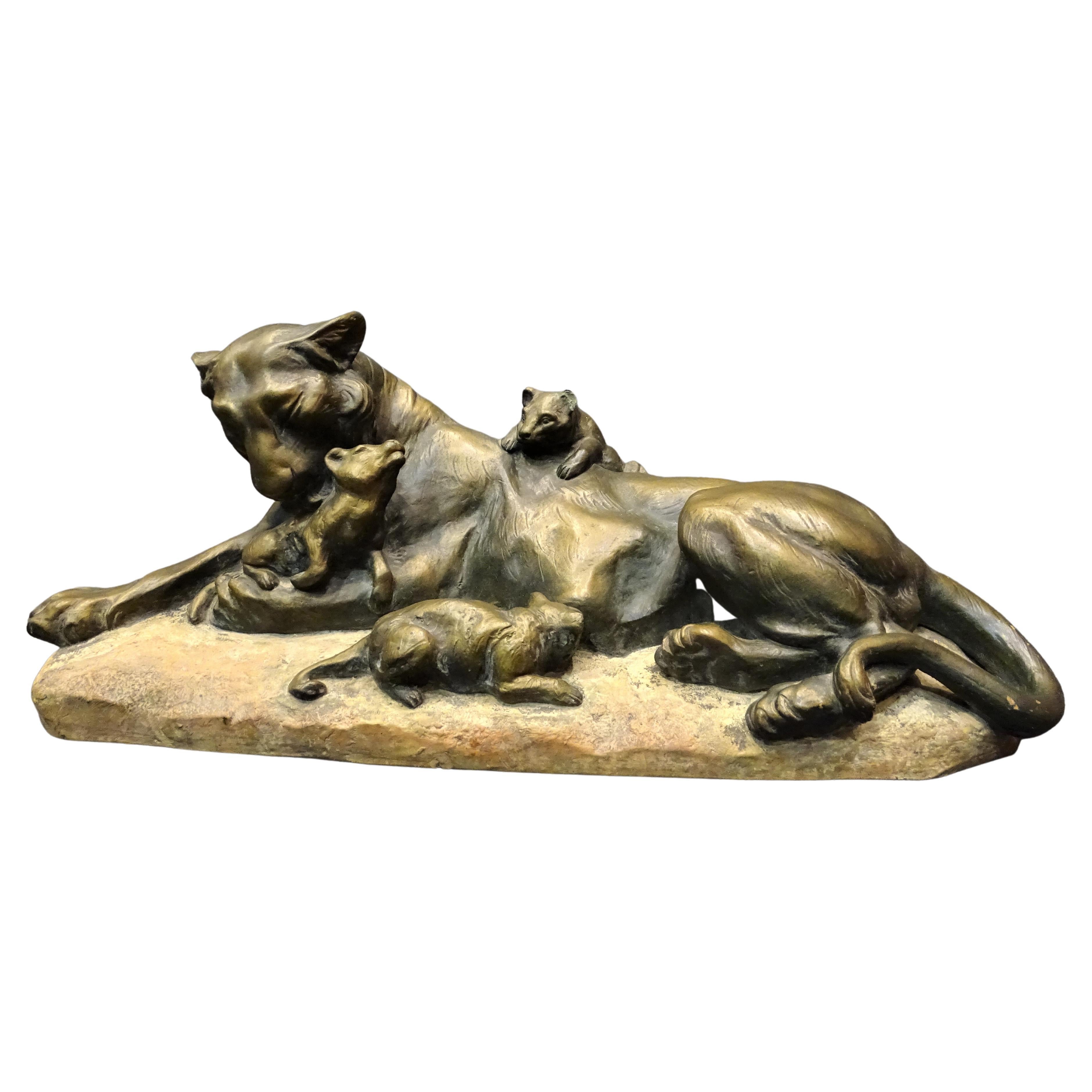 Art Nouveau Italian Scupture Terracotta, Lioness with Her Lions, A Amorgasti