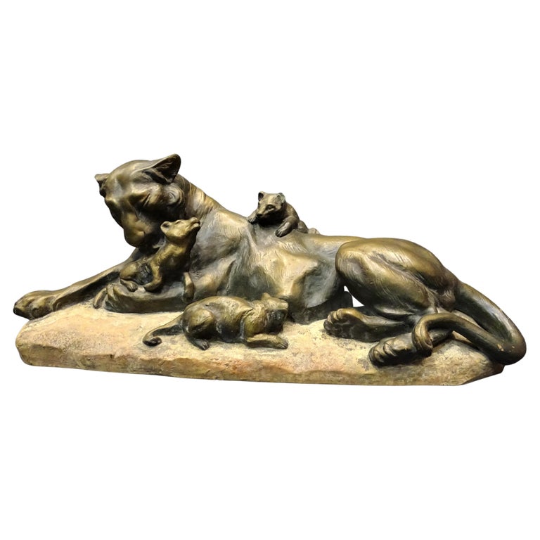 Art Nouveau Italian Scupture Terracotta, Lioness with Her Lions, A Amorgasti For Sale