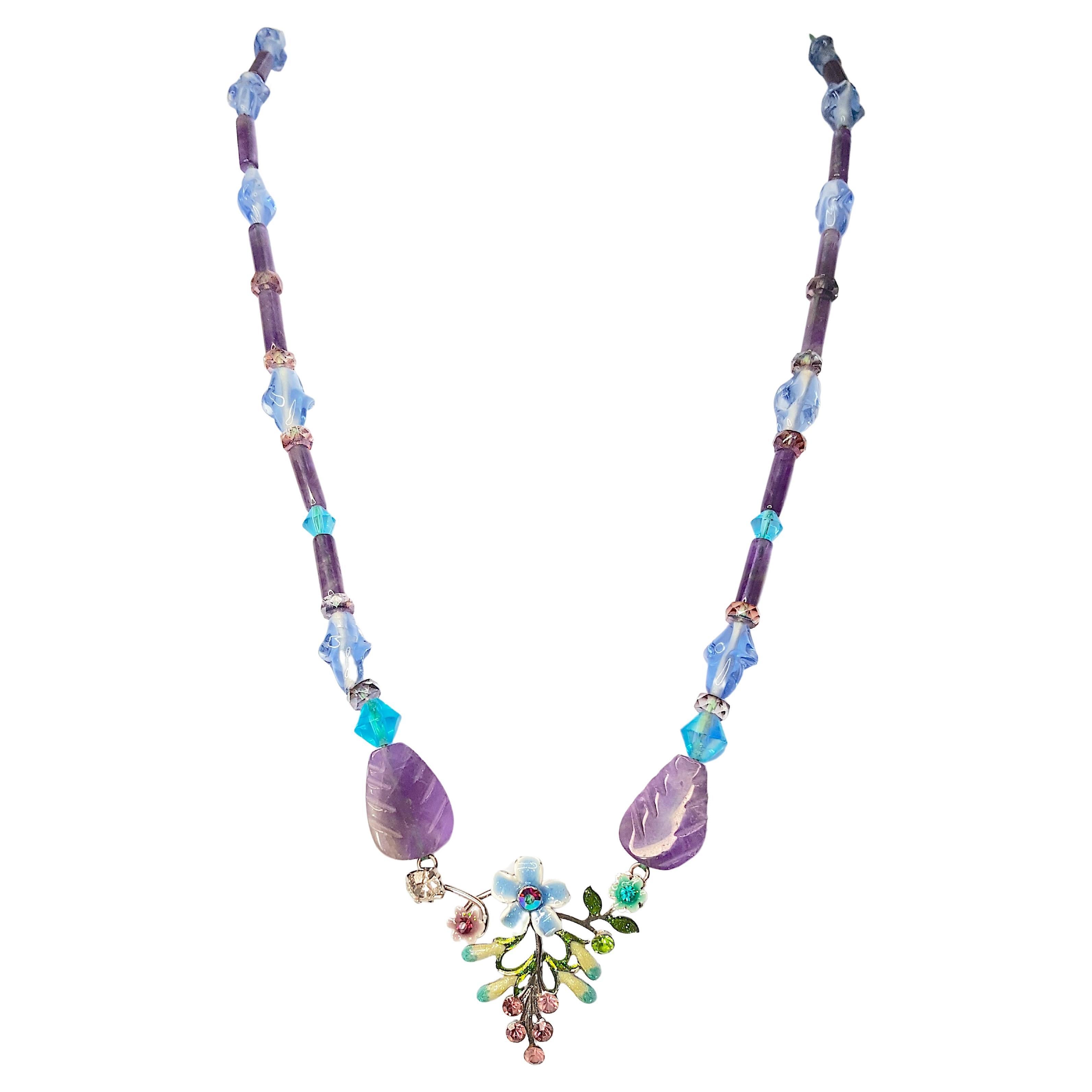 Antique ArtNouveau Tourmaline Gems & Lampwork Glass WhiteGold Filigree Sautoir