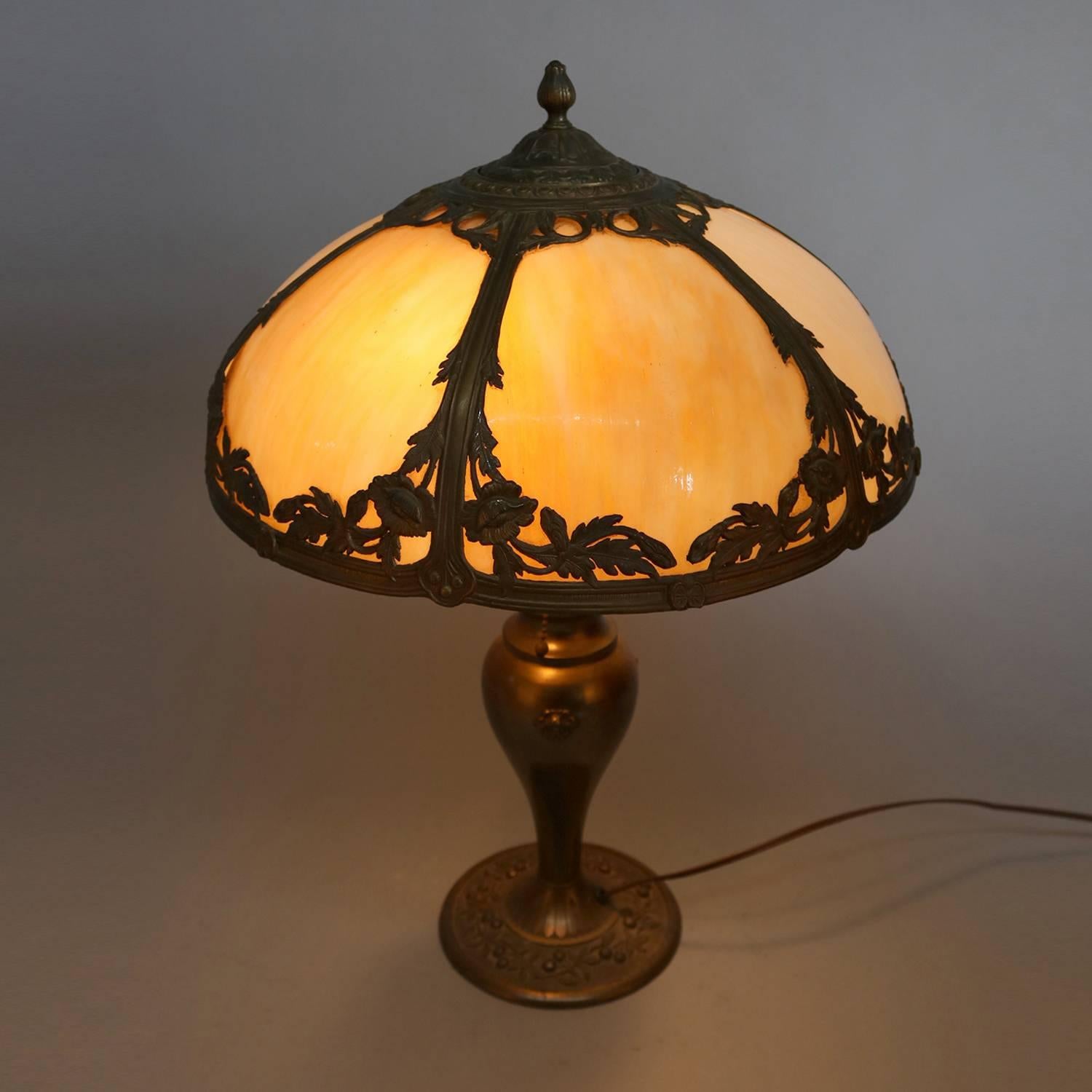 Kunst & Kunsthandwerk Antike Bradley & Hubbard Schule Filigran Schlacke Glas Lampe (Arts and Crafts)