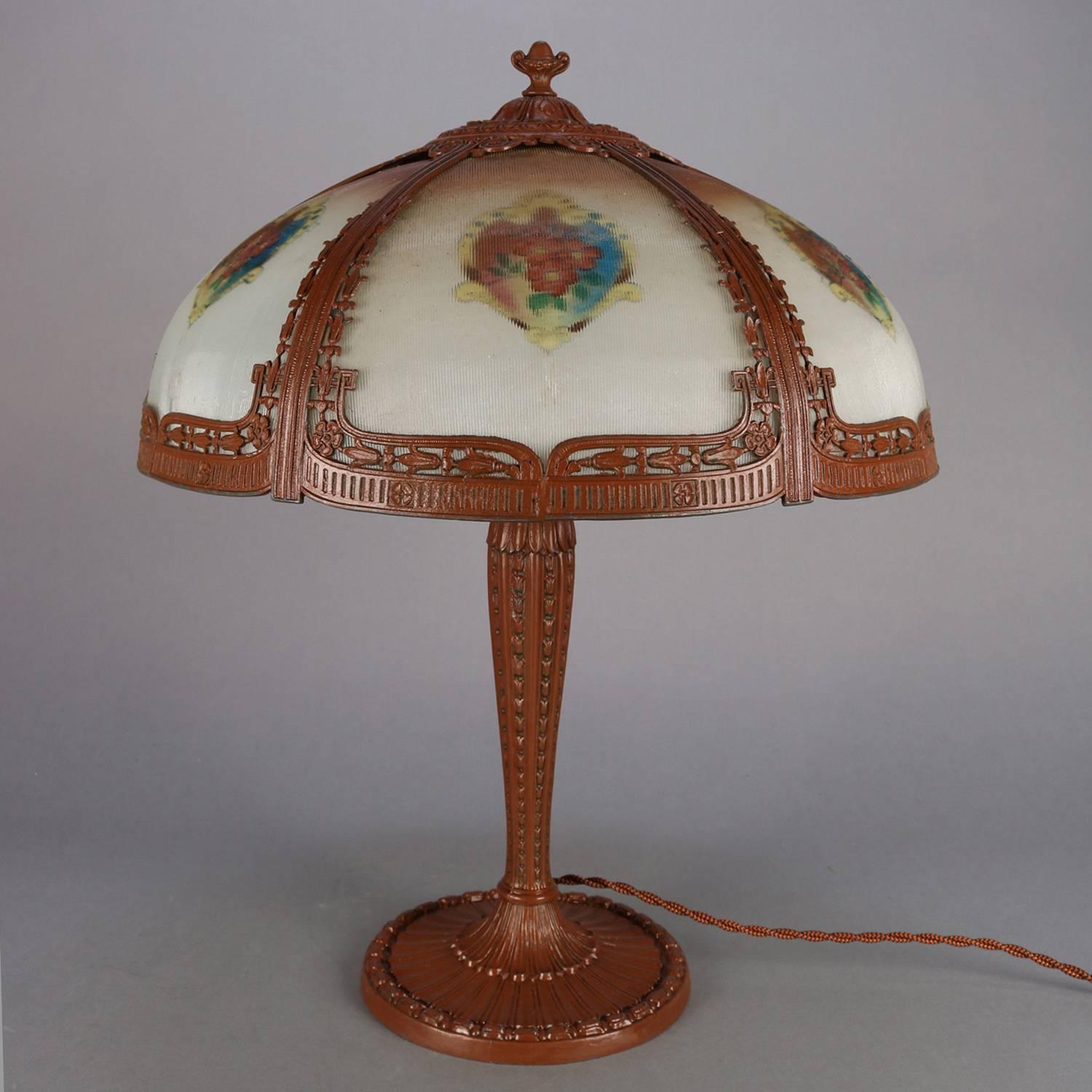 Arts & Crafts Antique Pittsburgh School Reverse Floral Painted Table Lamp, 3