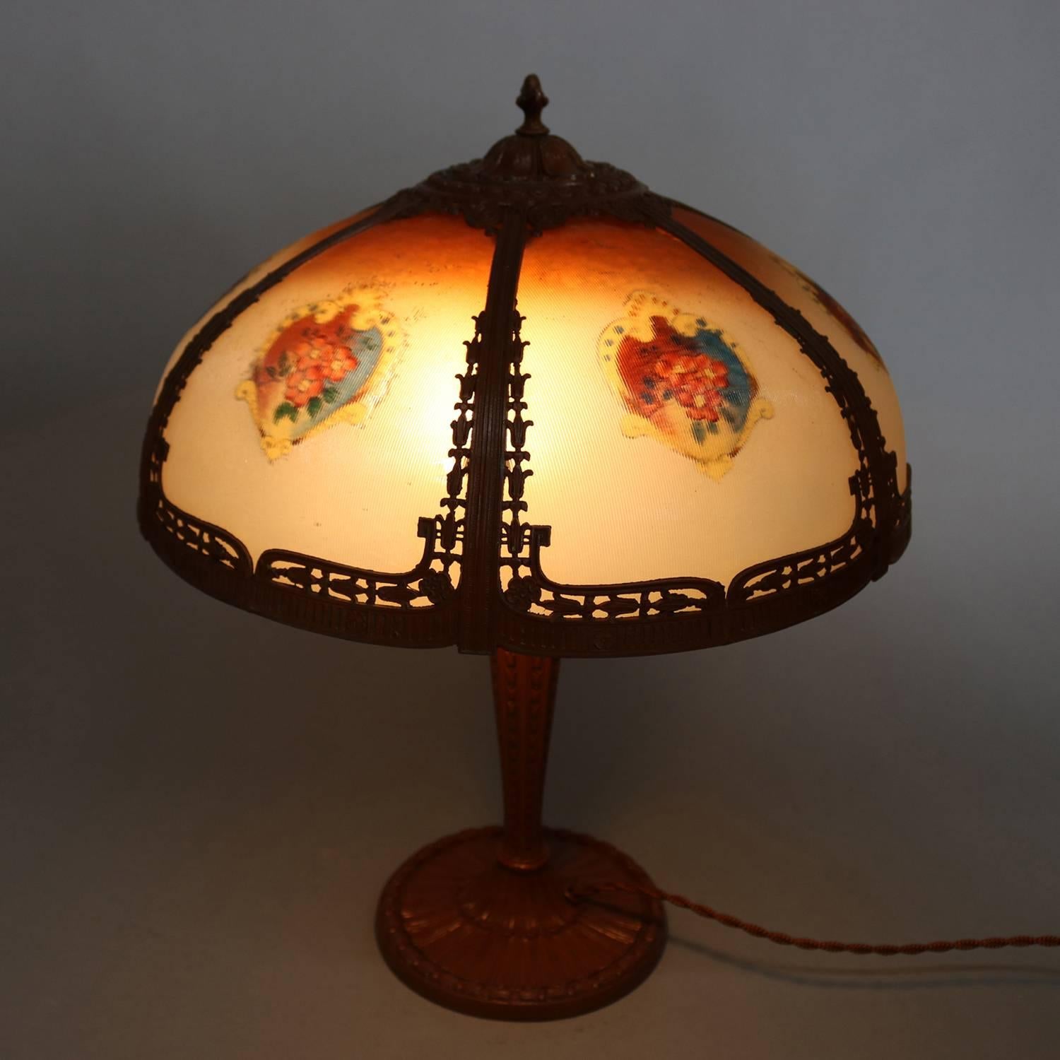 Arts & Crafts Antique Pittsburgh School Reverse Floral Painted Table Lamp, In Good Condition In Big Flats, NY