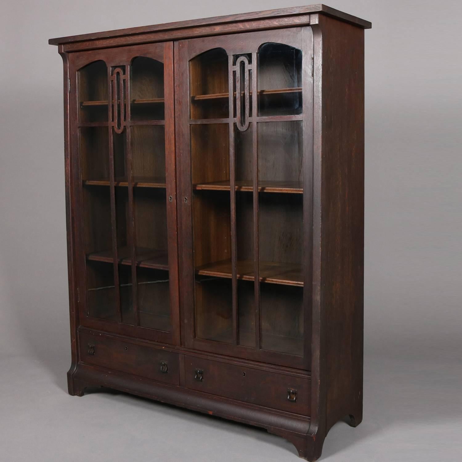 Arts and Crafts Arts & Crafts Gustav Stickley School Mission Oak Two-Door, Two-Drawer Bookcase