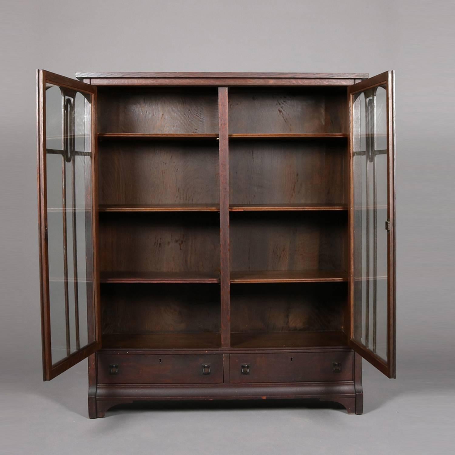American Arts & Crafts Gustav Stickley School Mission Oak Two-Door, Two-Drawer Bookcase
