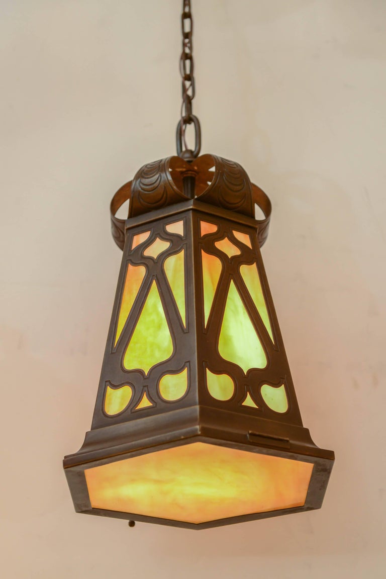 Arts and Crafts Pendant Chandelier with Stained Glass Panels For Sale