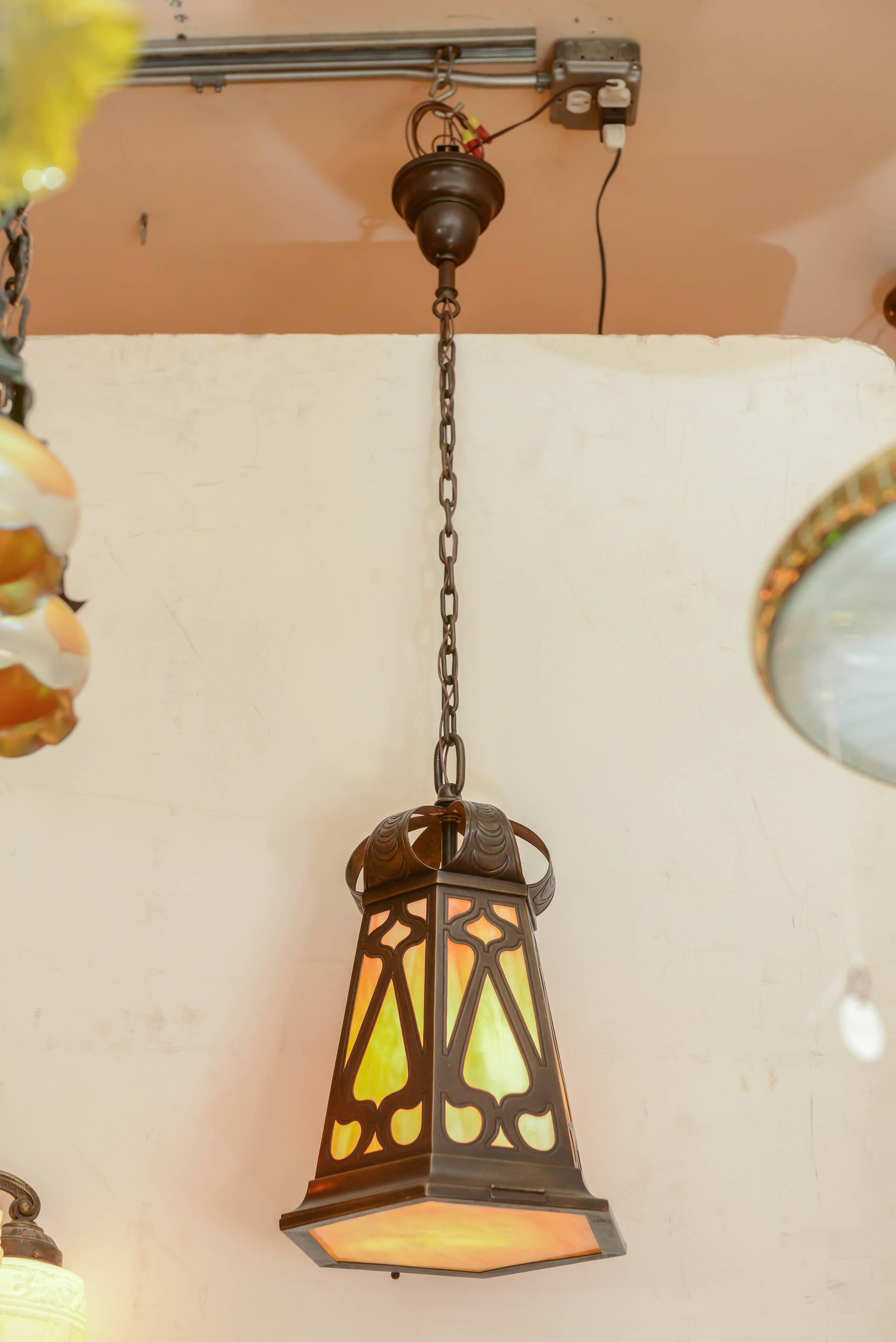 Arts & Crafts Pendant Chandelier with Stained Glass Panels In Excellent Condition In Petaluma, CA