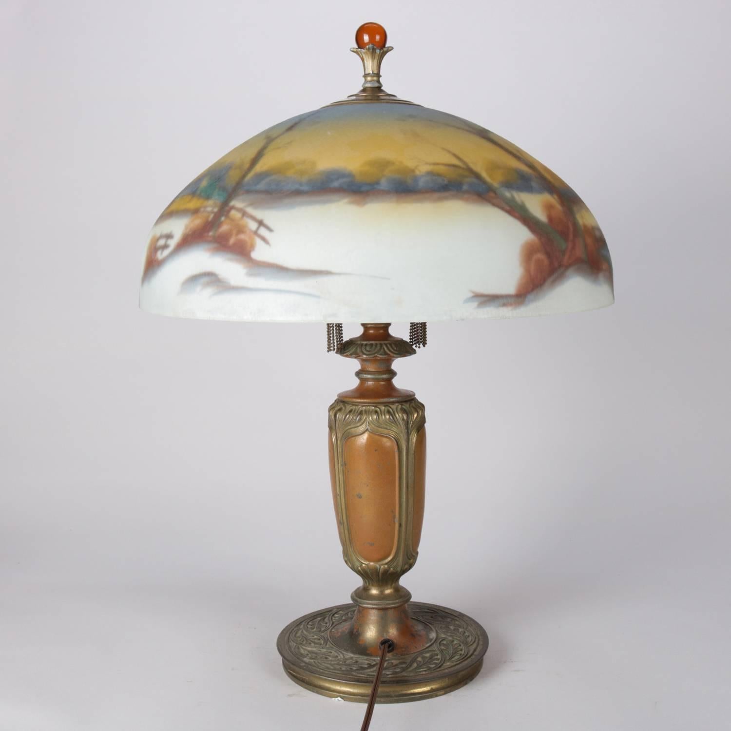American Arts & Crafts Pittsburgh School Gilt and Coppered Reverse Painted Table Lamp