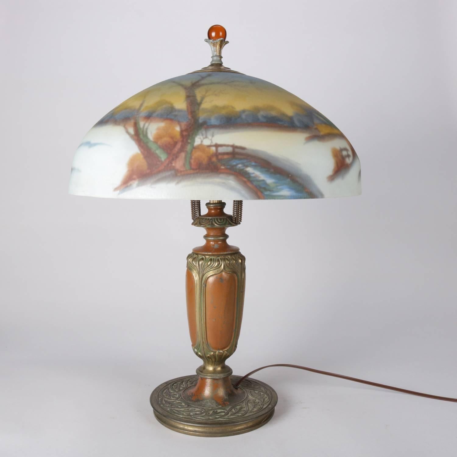 Arts & Crafts Pittsburgh School Gilt and Coppered Reverse Painted Table Lamp In Good Condition In Big Flats, NY