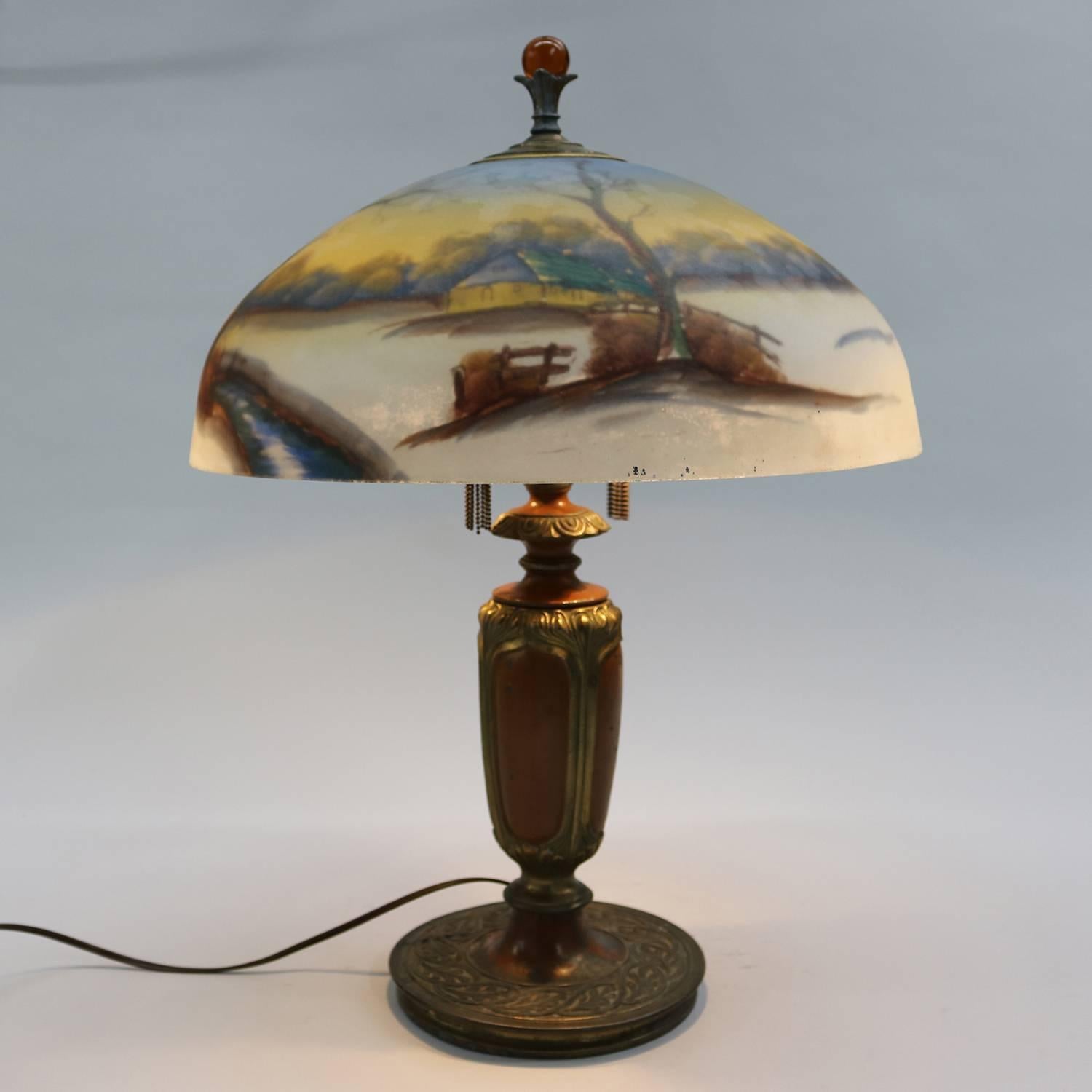Metal Arts & Crafts Pittsburgh School Gilt and Coppered Reverse Painted Table Lamp