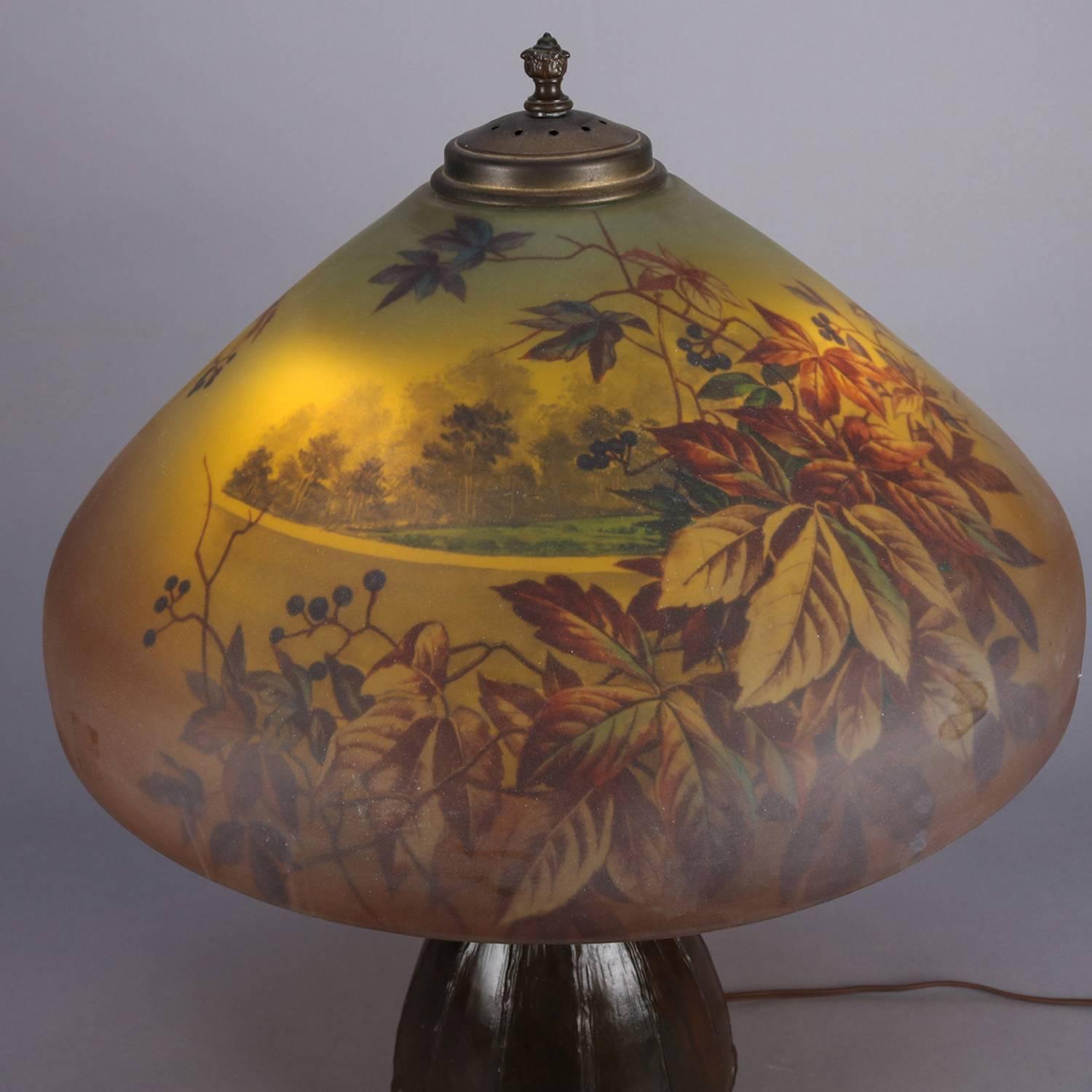 Metal Arts & Crafts Table Handel Lamp with Pittsburgh School Reverse Painted Shade