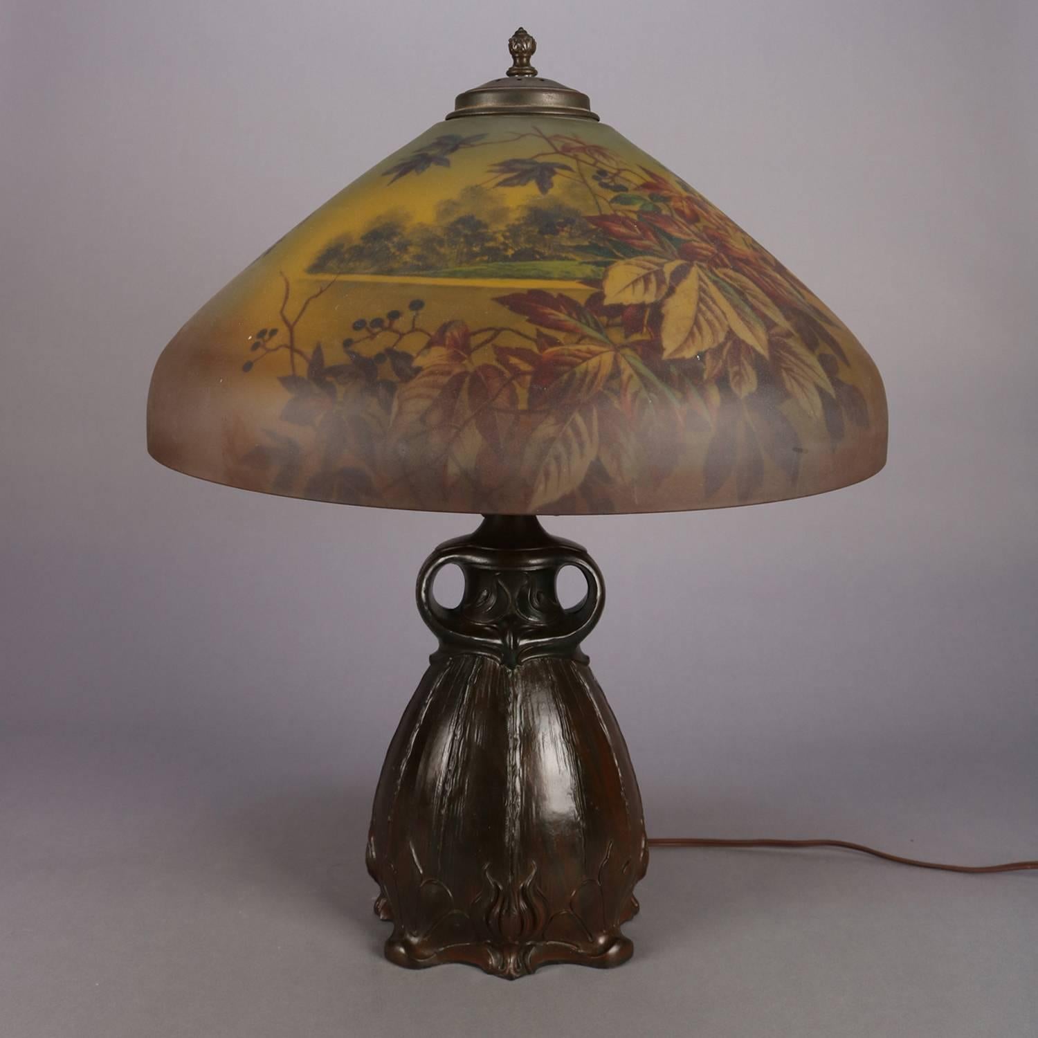 Arts & Crafts Table Handel Lamp with Pittsburgh School Reverse Painted Shade 1