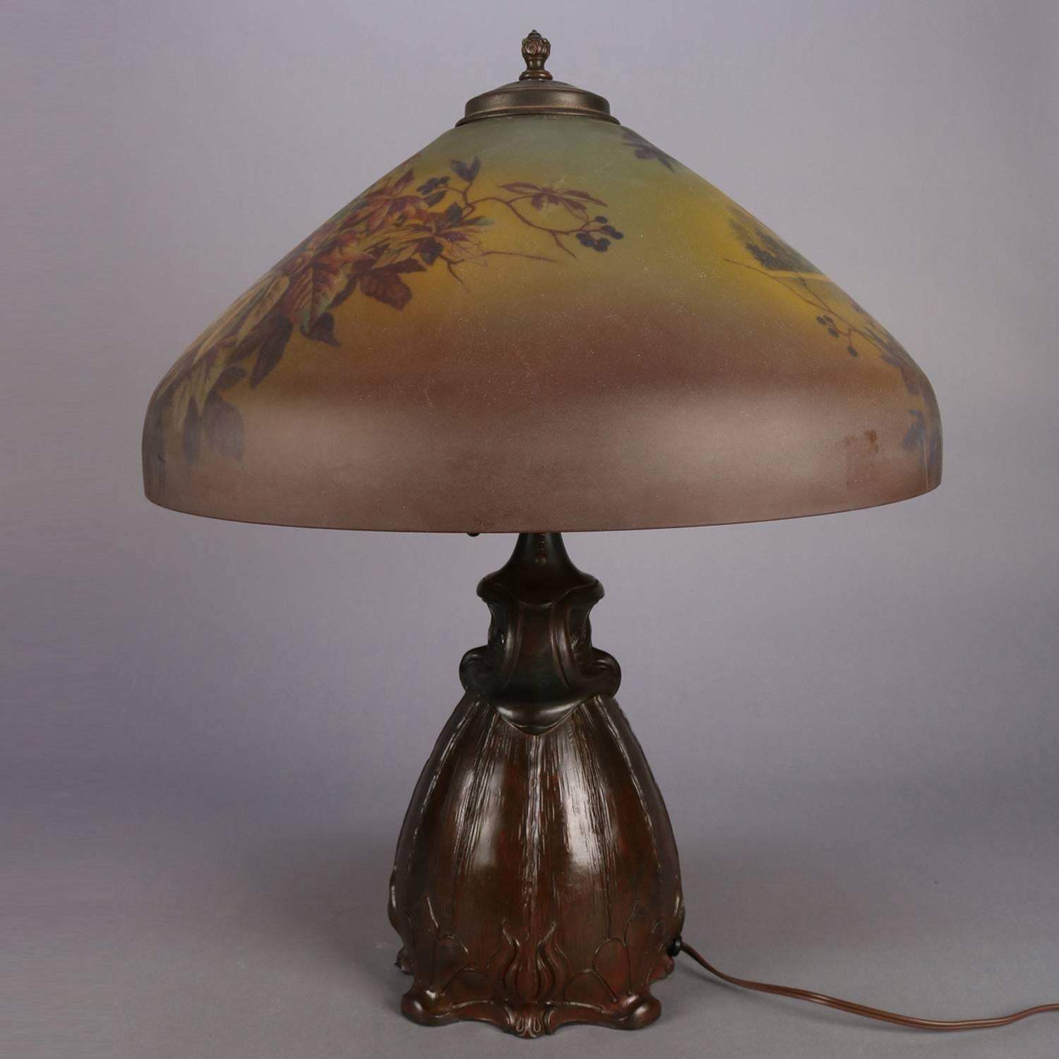 Arts & Crafts Table Handel Lamp with Pittsburgh School Reverse Painted Shade 2
