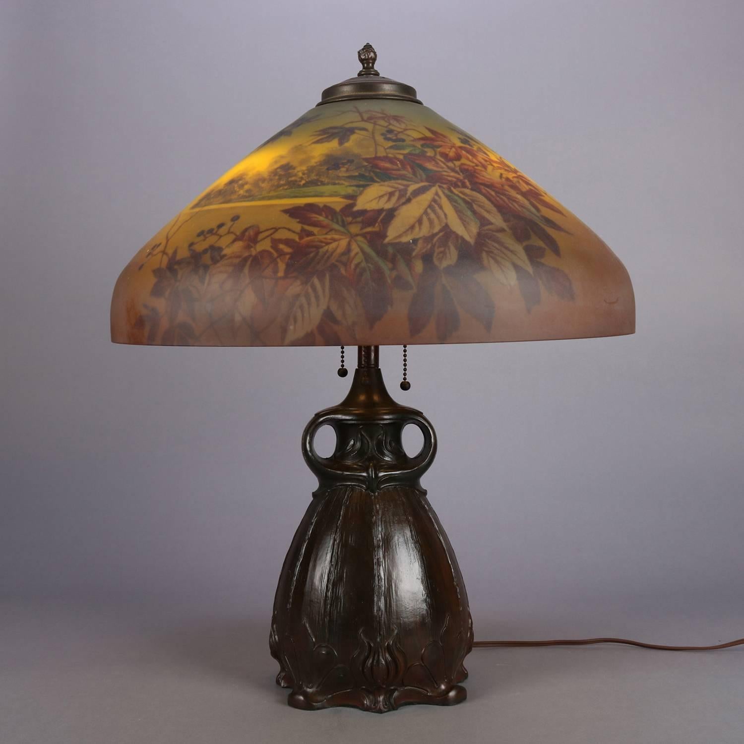 20th Century Arts & Crafts Table Handel Lamp with Pittsburgh School Reverse Painted Shade