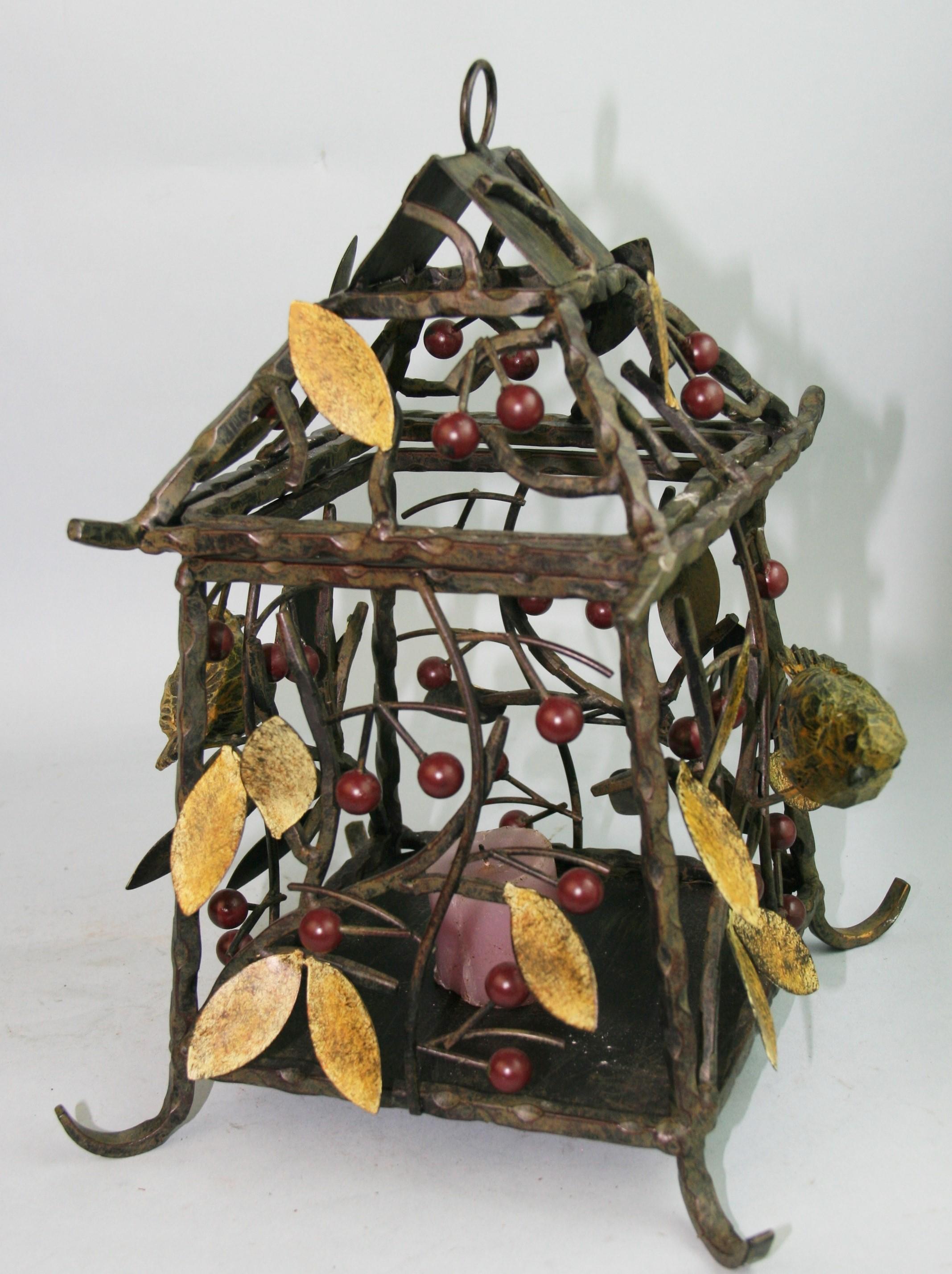 Iron Arts and Craft  Lantern with Birds, Leaves and Berries For Sale