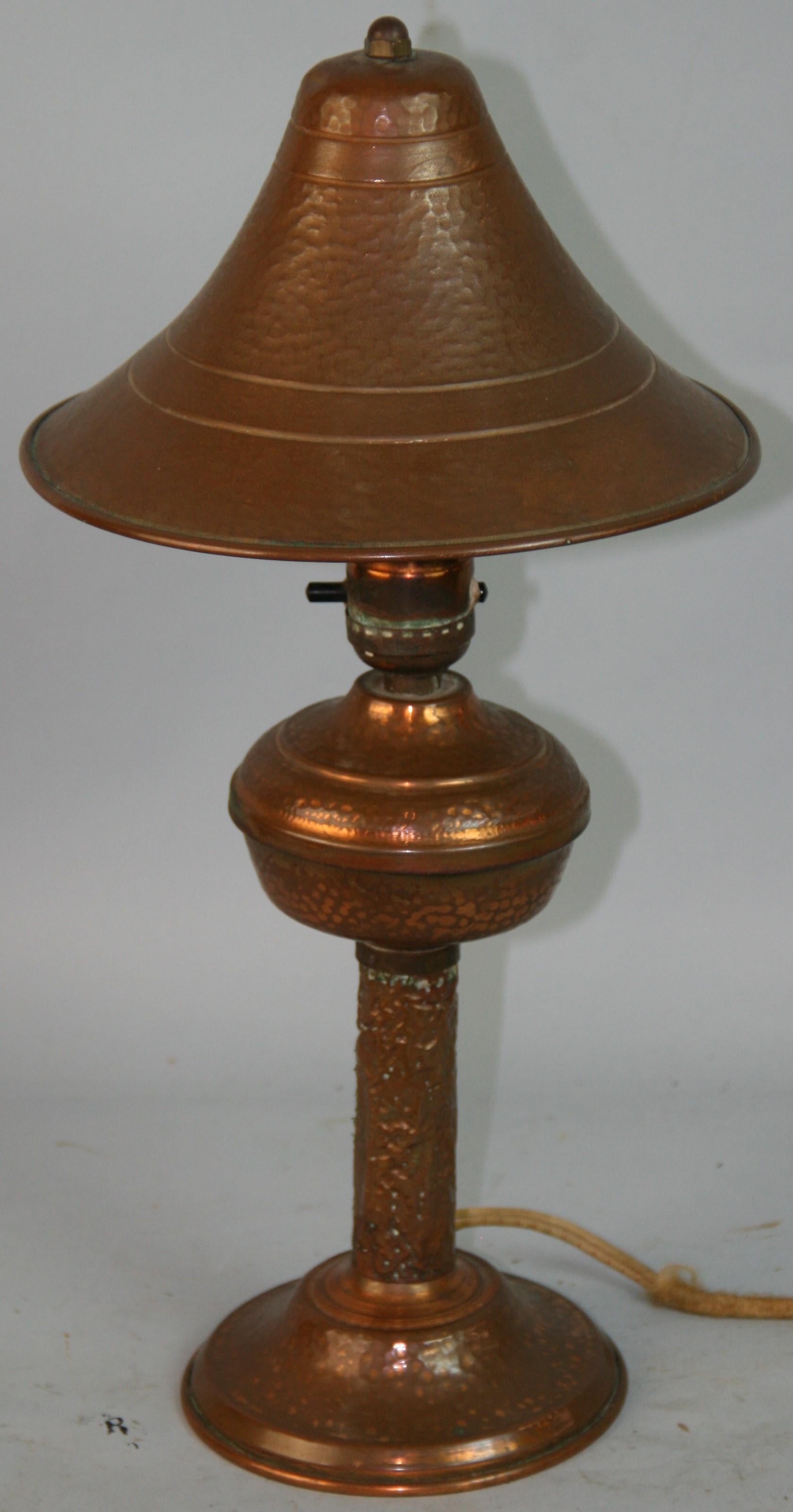 1272 Arts and Craft copper lamp with copper socket and original cloth covered wiring.