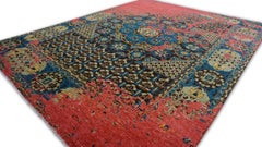Arts and Craft Raspberry Red Teal  Erased Pattern Wool Rug 8'x10'4''