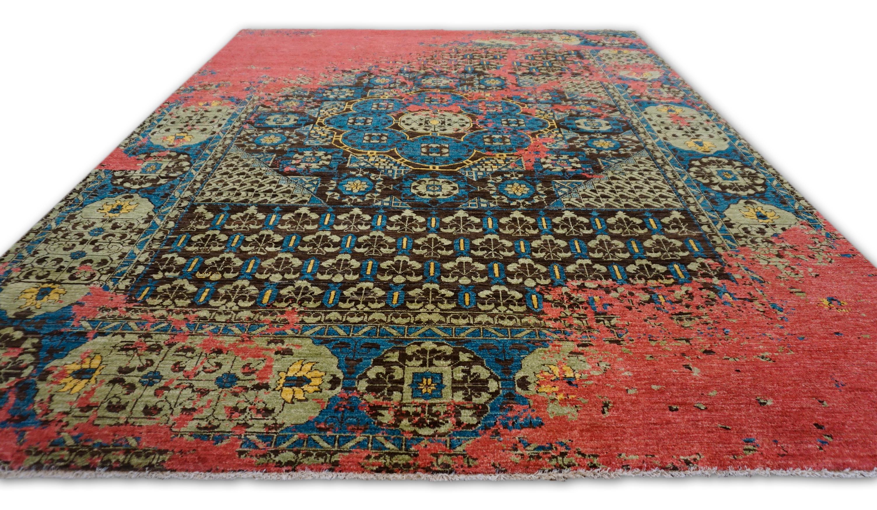 Arts and Crafts Arts and Craft Raspberry Red Teal  Erased Pattern Wool Rug 8'x10'4'' For Sale
