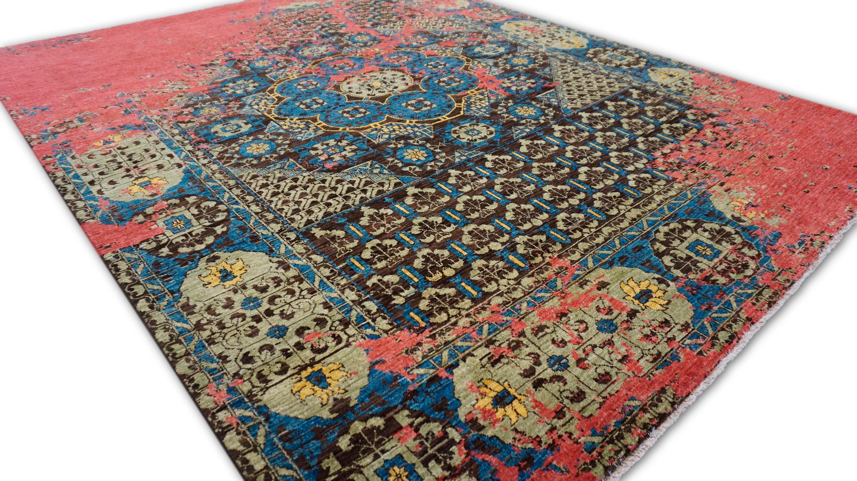 Pakistani Arts and Craft Raspberry Red Teal  Erased Pattern Wool Rug 8'x10'4'' For Sale
