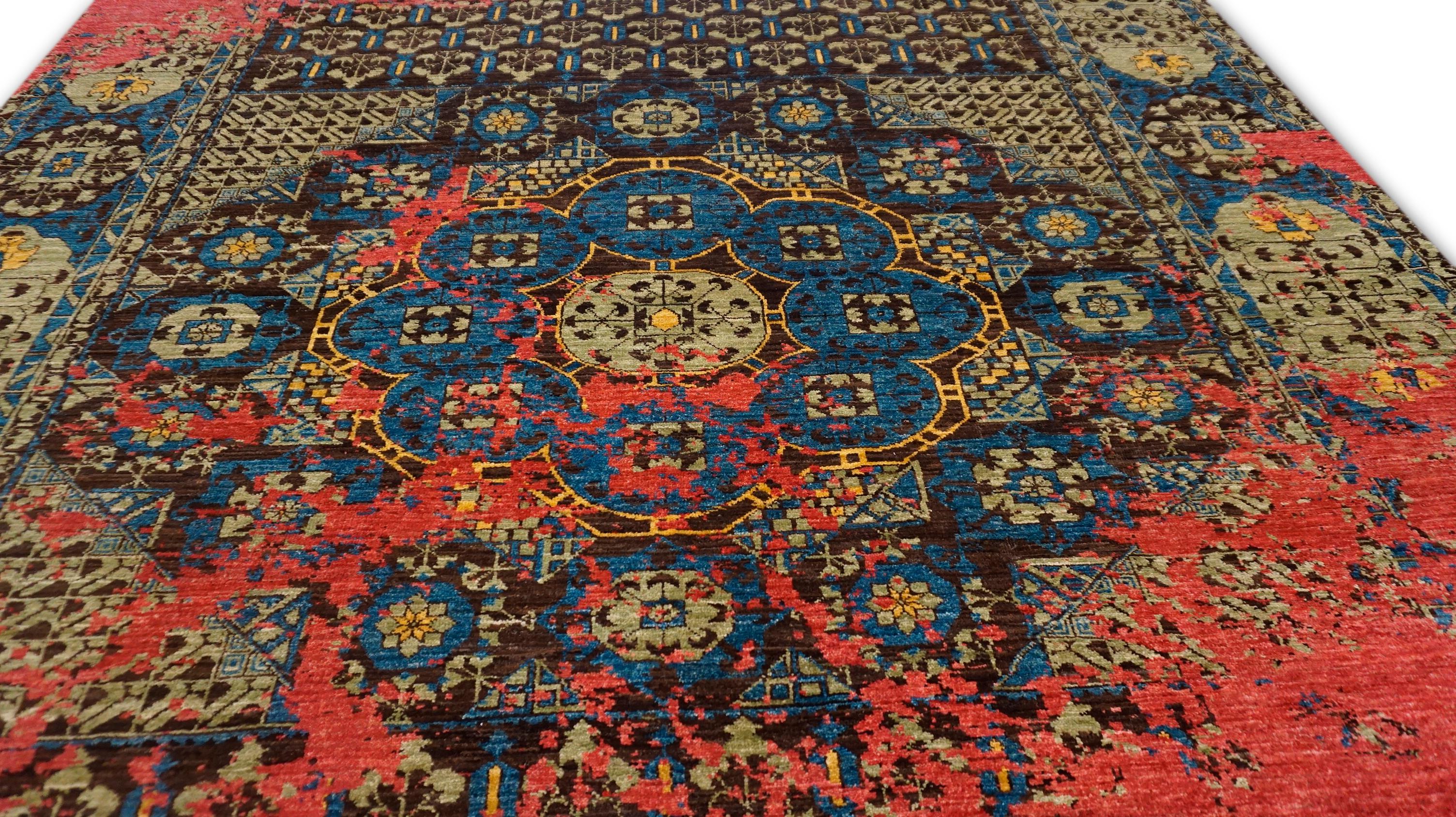 Contemporary Arts and Craft Raspberry Red Teal  Erased Pattern Wool Rug 8'x10'4'' For Sale