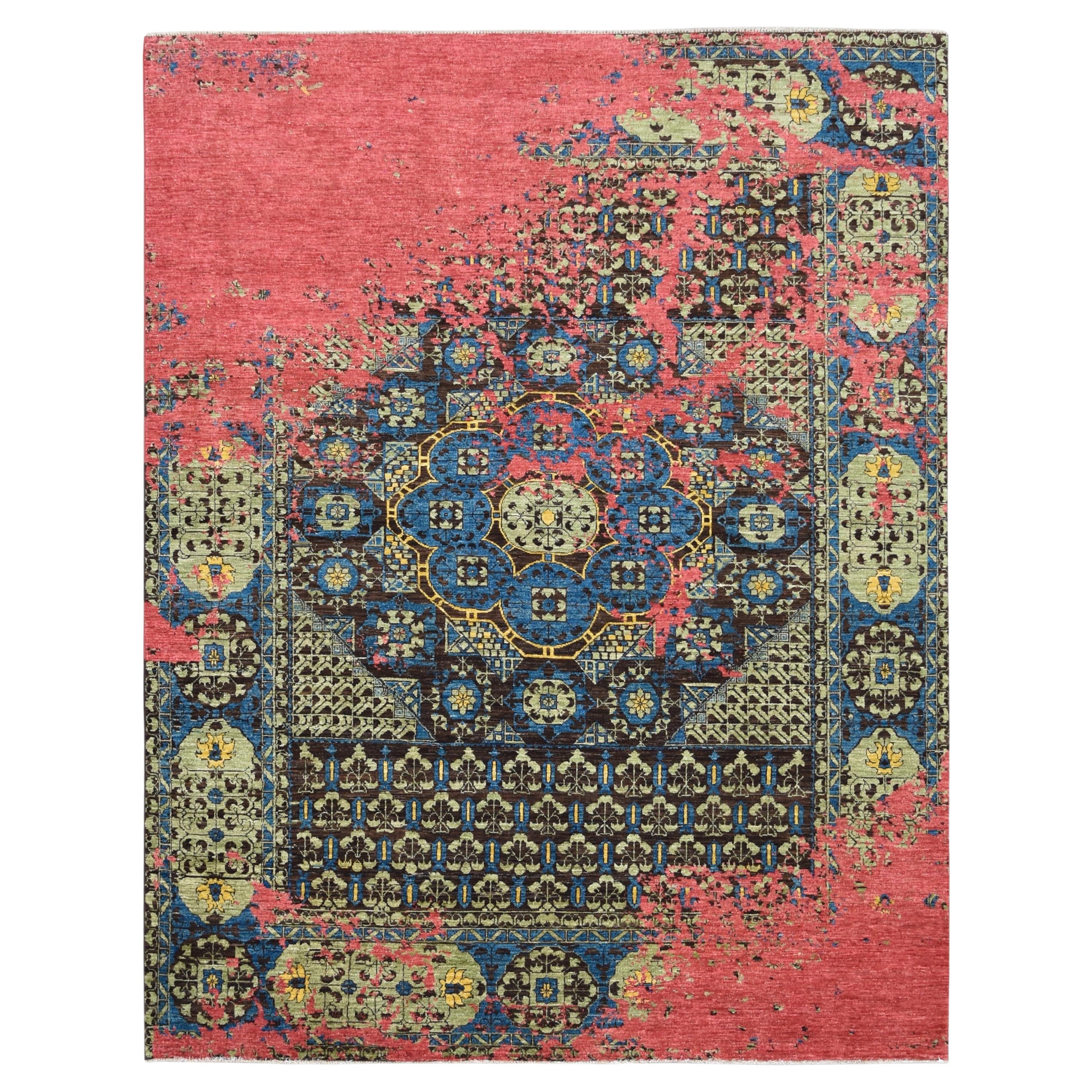 Arts and Craft Raspberry Red Teal  Erased Pattern Wool Rug 8'x10'4''