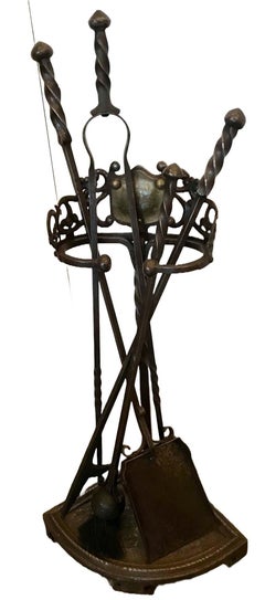 Arts and Craft Wrought Iron Fireplace Tools with Stand