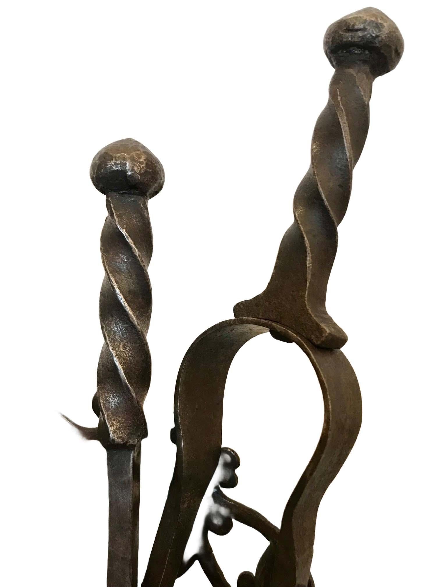 Early 20th Century Arts and Craft Wrought Iron Fireplace Tools with Stand For Sale