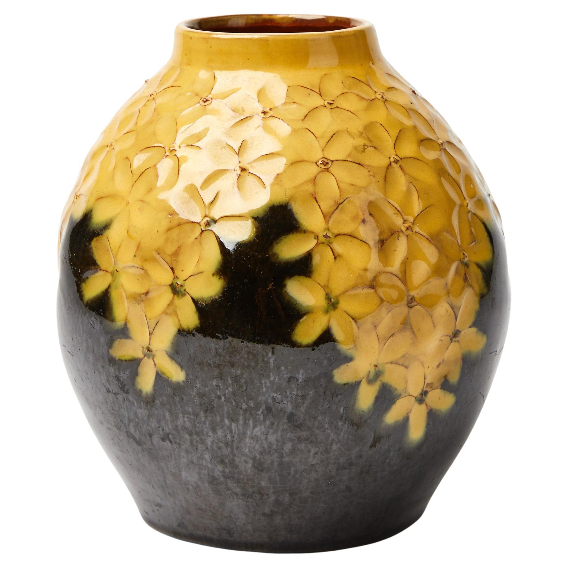 Arts and Craft Yellow Flower Vase in Irregular Shape by Hilma Persson Hjelm For Sale