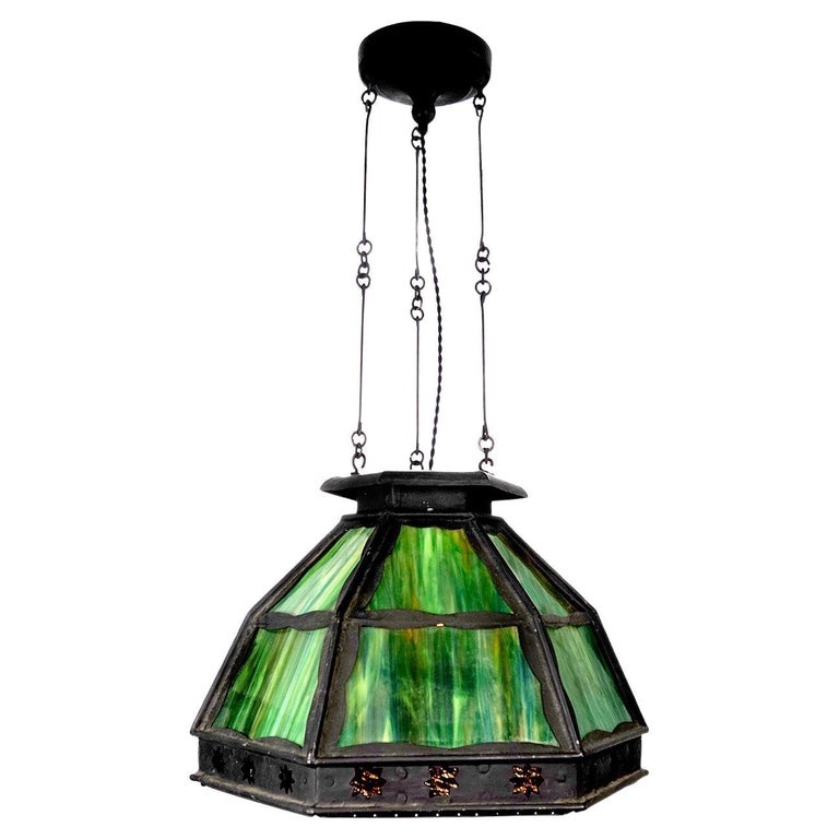 Arts and Crafts 12 Panel Stained Glass Chandelier For Sale at 1stDibs