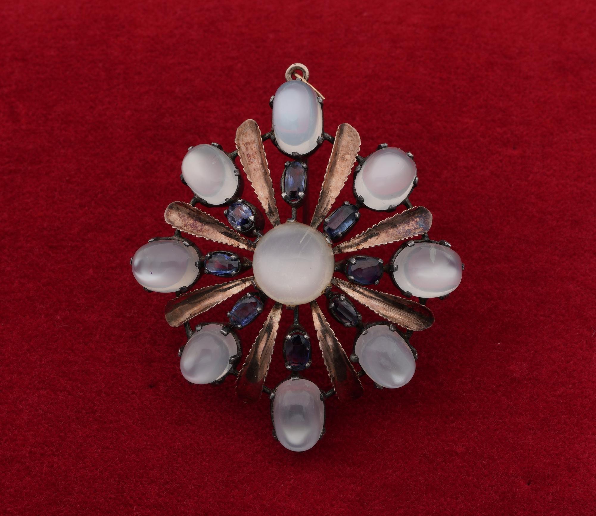 Arts and Crafts Arts & Crafts 16.00 Carat Natural Moonstone and Sapphire Large Pendant Brooch For Sale