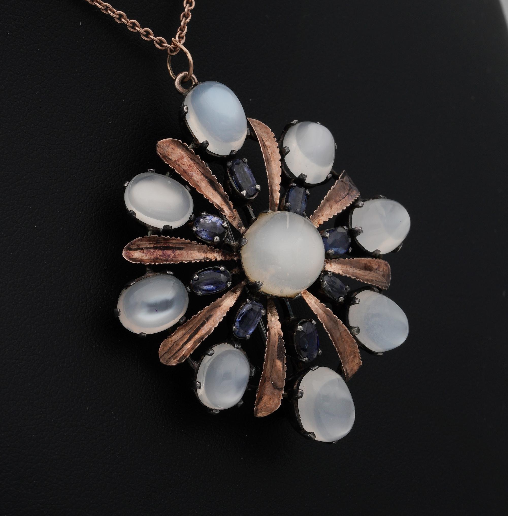 Arts & Crafts 16.00 Carat Natural Moonstone and Sapphire Large Pendant Brooch In Good Condition For Sale In Napoli, IT