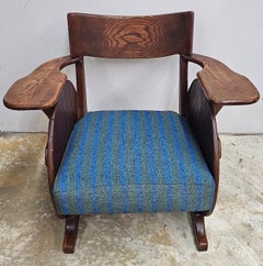 Arts and Crafts Adirondack Mission Oak & Blue Upholstered Lounge Chair, C. 1920s