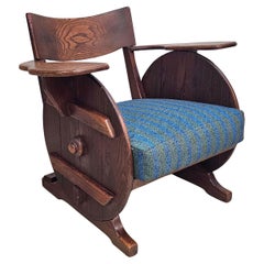 Arts and Crafts Adirondack Mission Eichenholz & Blau gepolsterter Loungesessel, ca. 1920er Jahre
