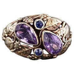 Arts and Crafts Amethyst and Sapphire Ring of 14k Gold