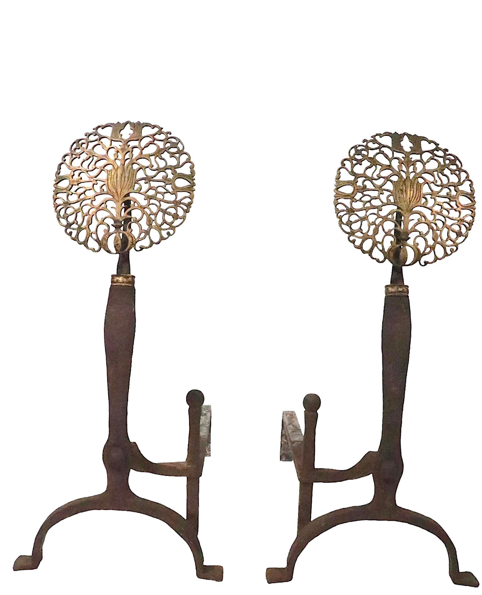 Arts and Crafts Andiron with Brass Filigree Top and Wrought Iron Bases In Good Condition For Sale In New York, NY