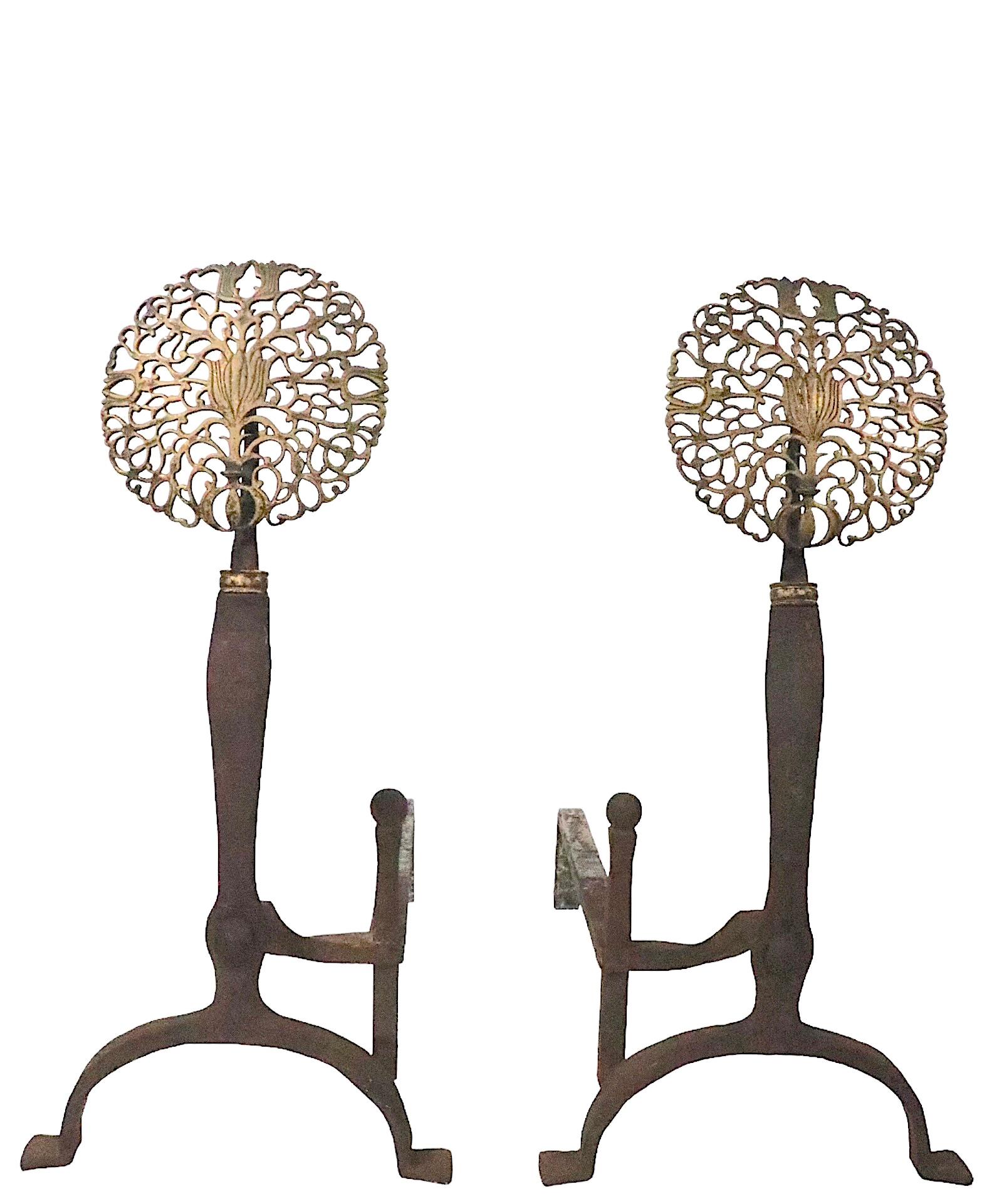 20th Century Arts and Crafts Andiron with Brass Filigree Top and Wrought Iron Bases For Sale