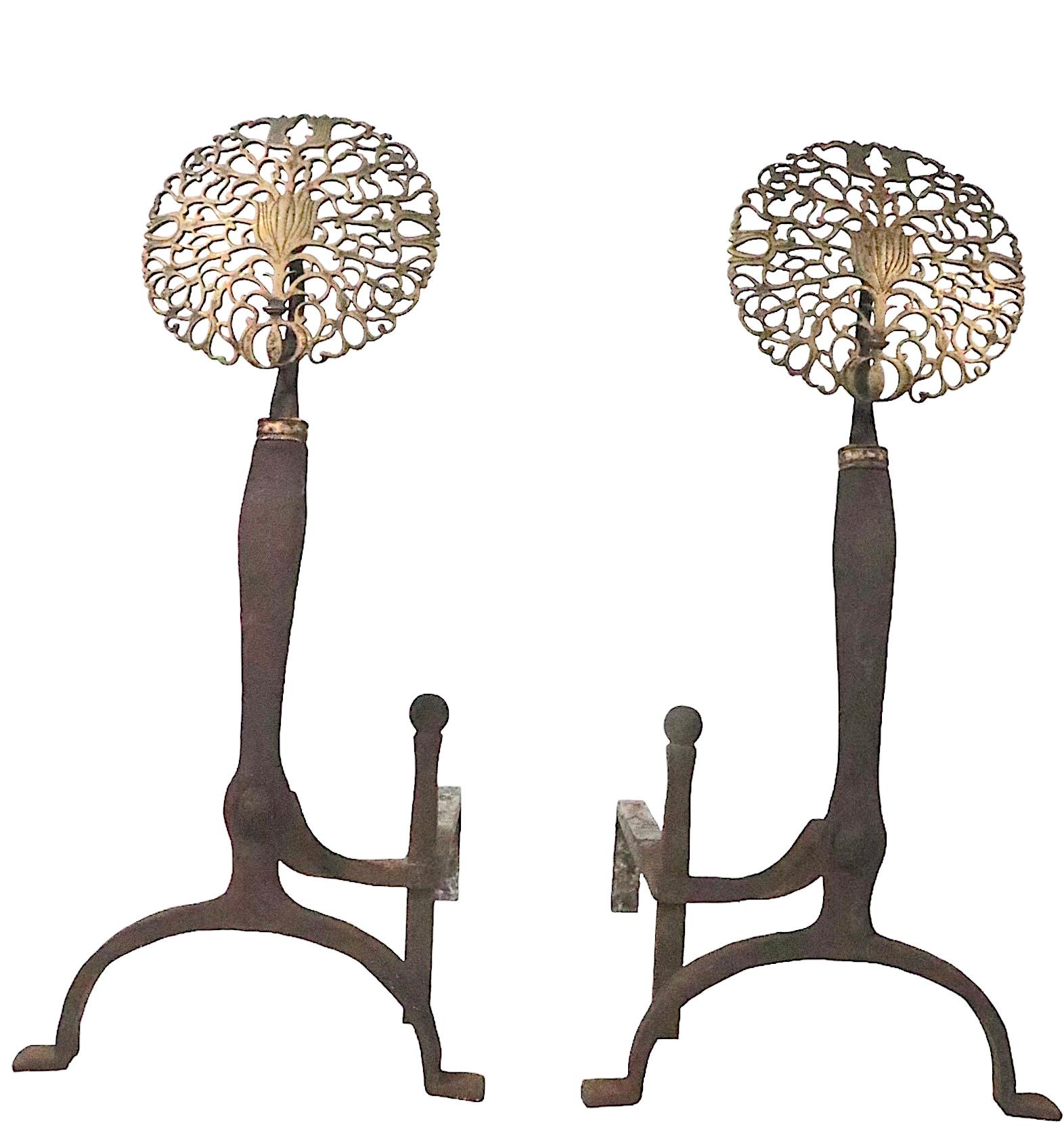 Arts and Crafts Andiron with Brass Filigree Top and Wrought Iron Bases For Sale 1