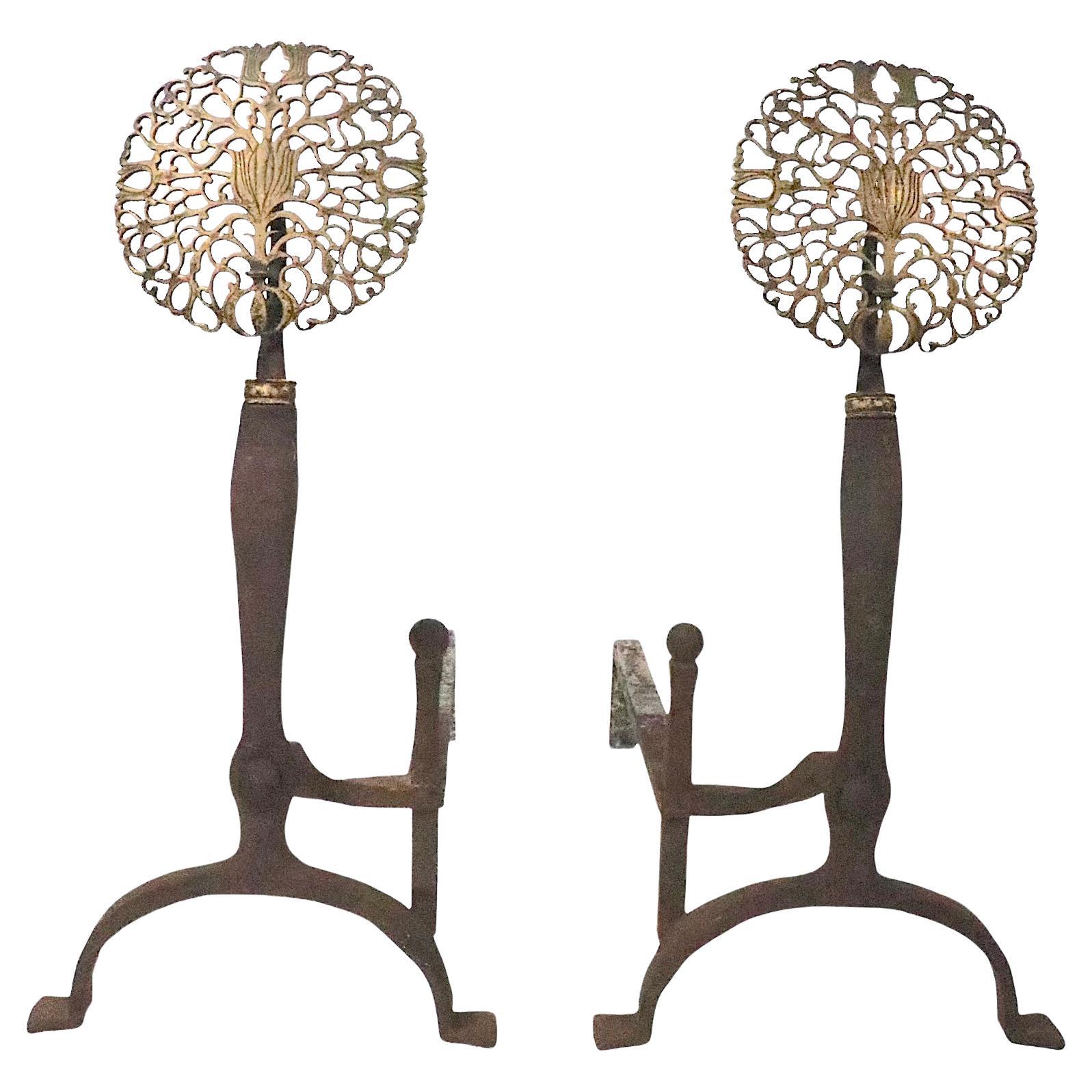 Arts and Crafts Andiron with Brass Filigree Top and Wrought Iron Bases For Sale