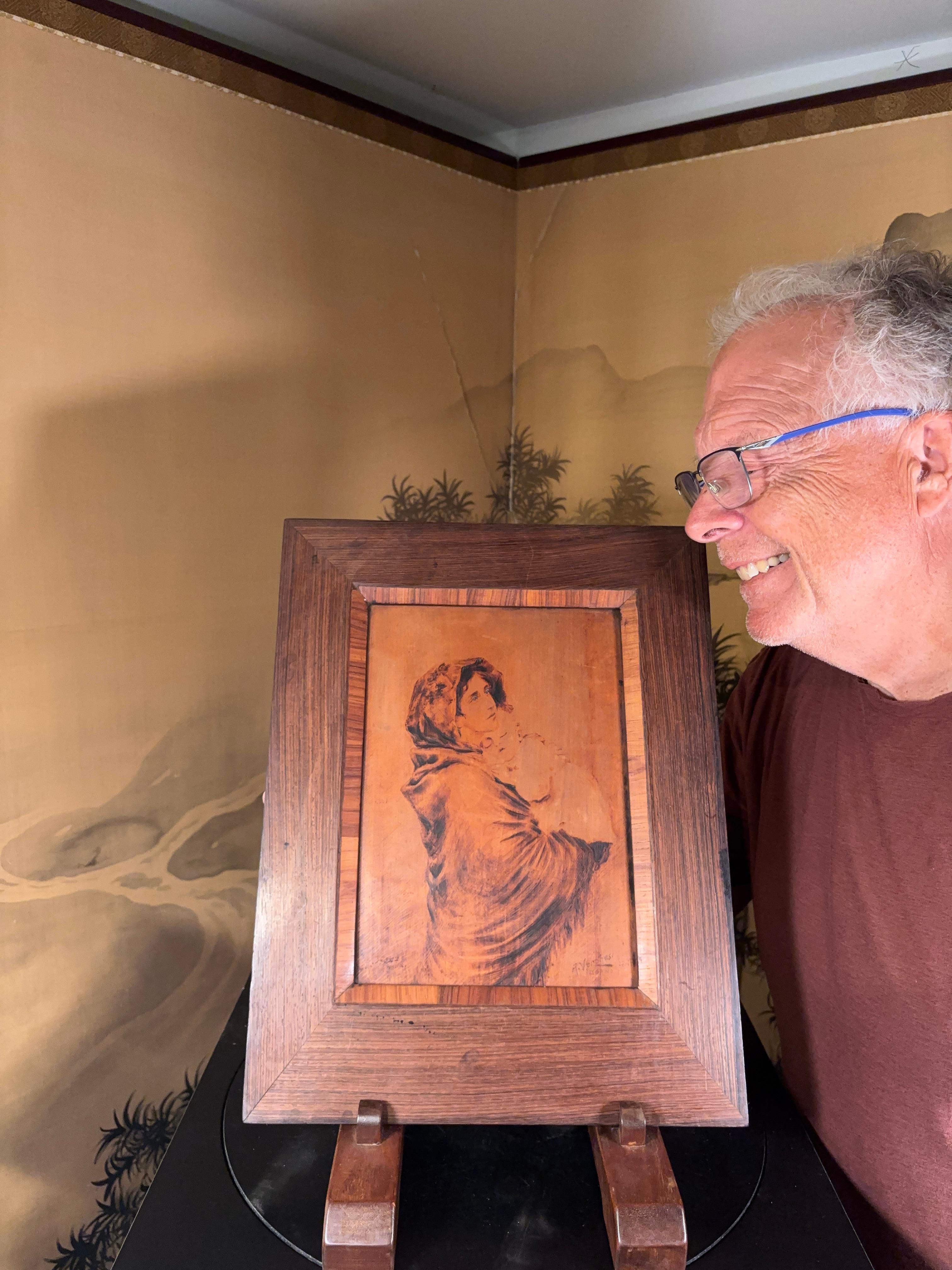 Edwardian Arts And Crafts Antique Pyrography Mother And Child Portrait  Signed Veronesi For Sale