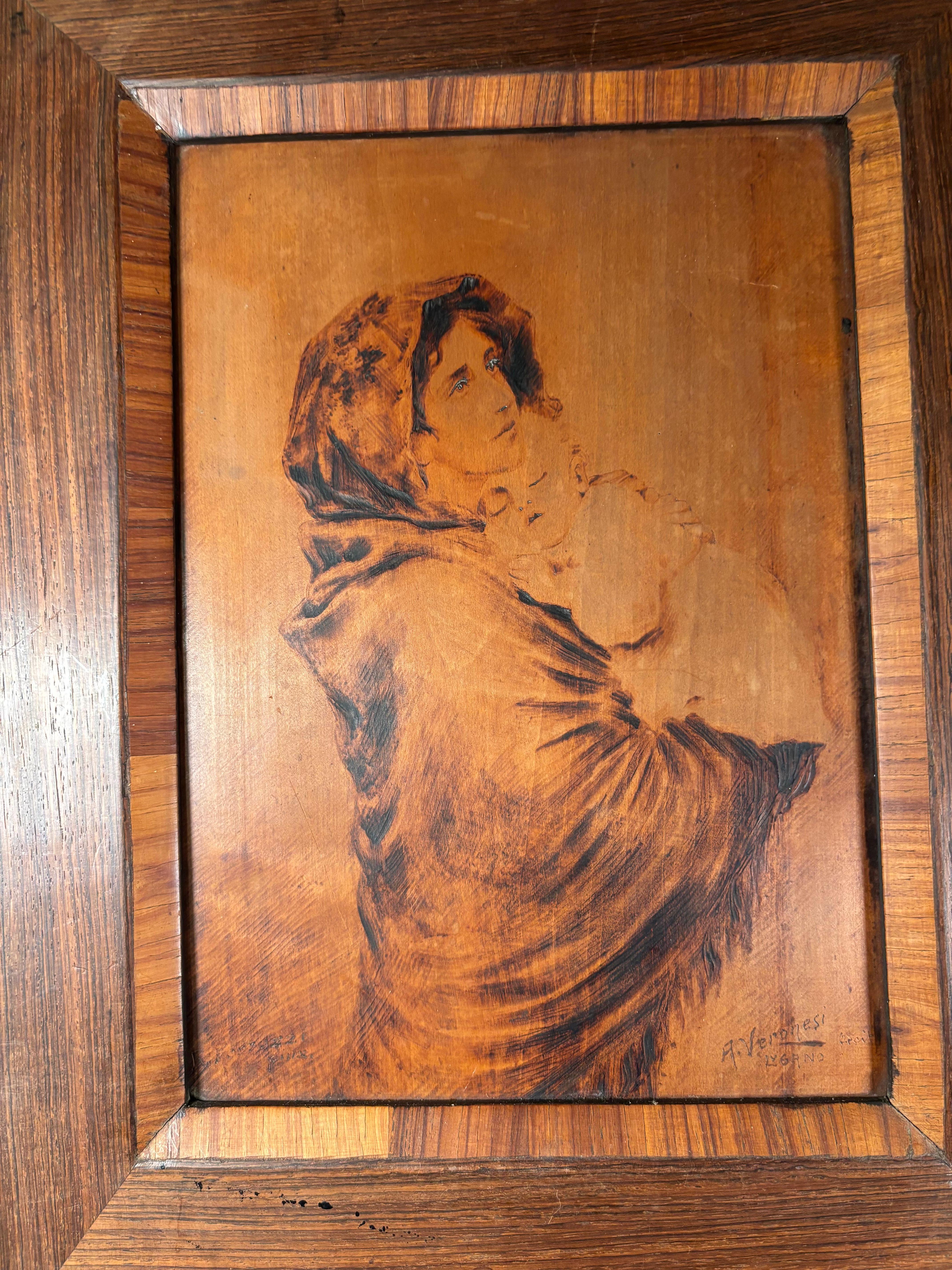 American Arts And Crafts Antique Pyrography Mother And Child Portrait  Signed Veronesi For Sale