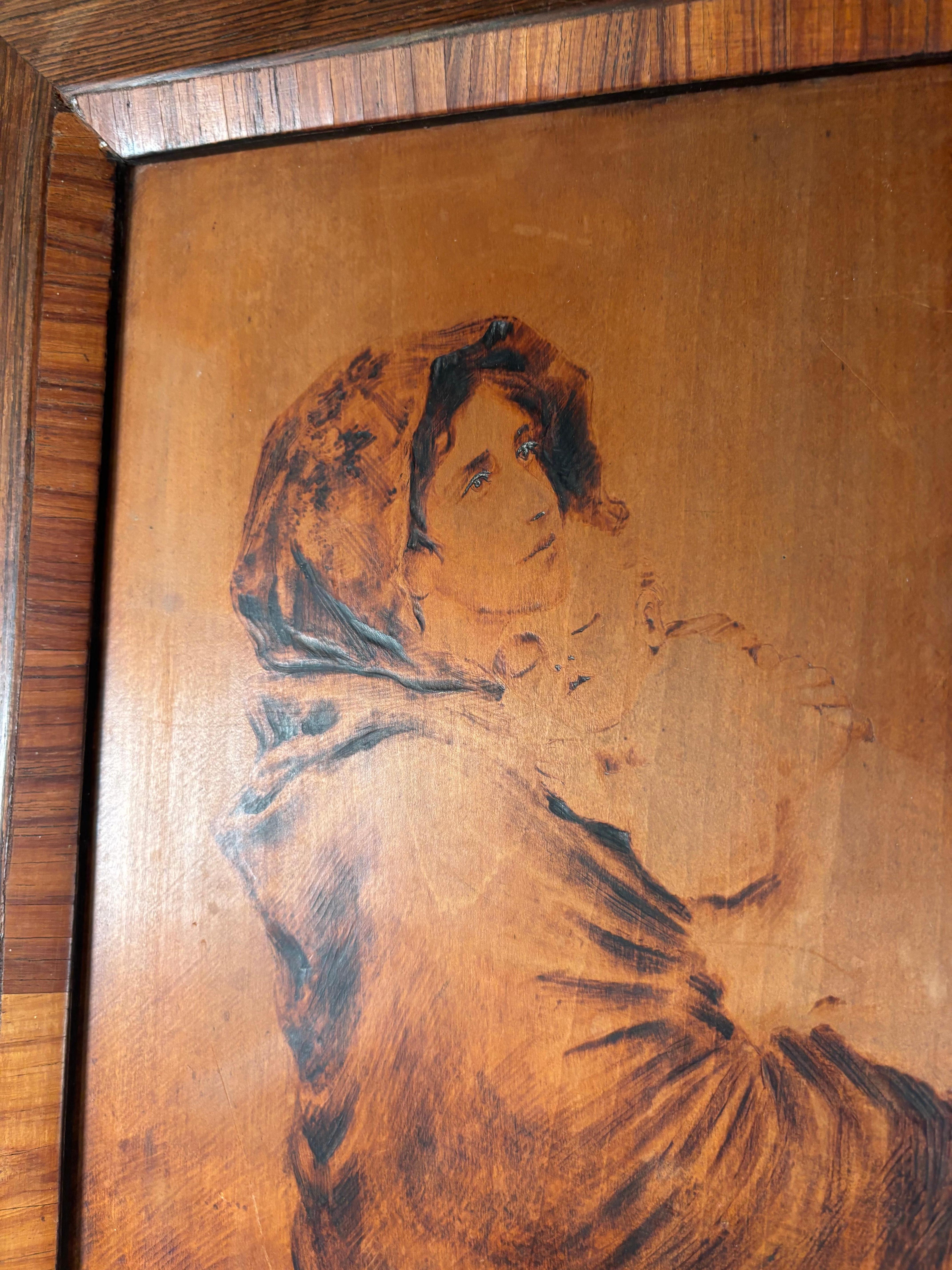 Hand-Carved Arts And Crafts Antique Pyrography Mother And Child Portrait  Signed Veronesi For Sale