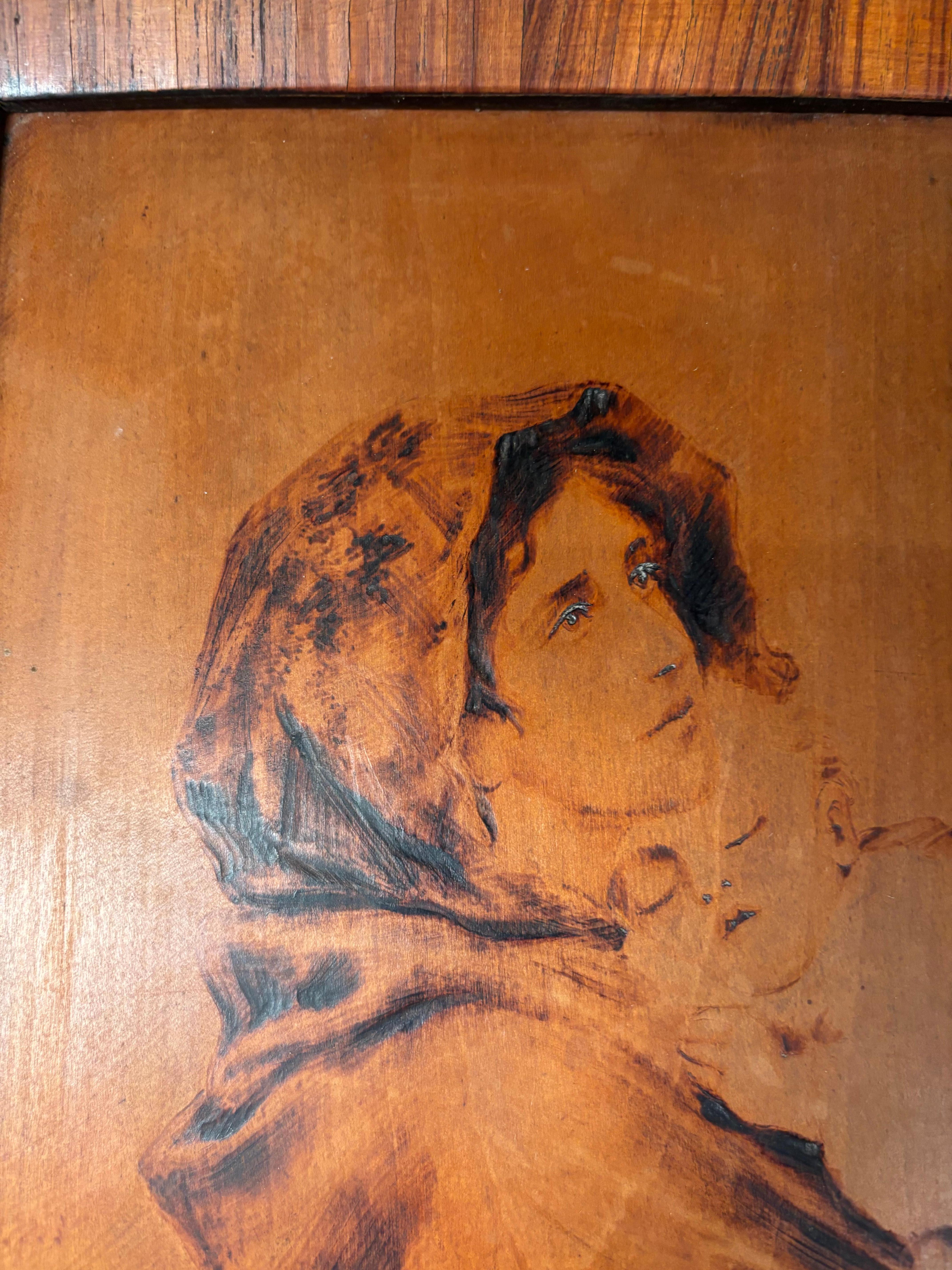 Arts And Crafts Antique Pyrography Mother And Child Portrait  Signed Veronesi In Good Condition For Sale In South Burlington, VT